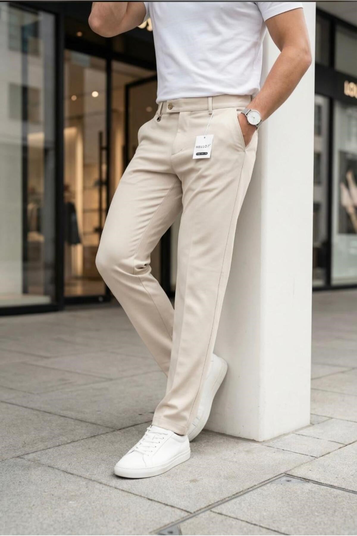 Erkek Bej Slim Fit Likralı Yan Cep Bilek Boy Düz Kumaş Pantolon