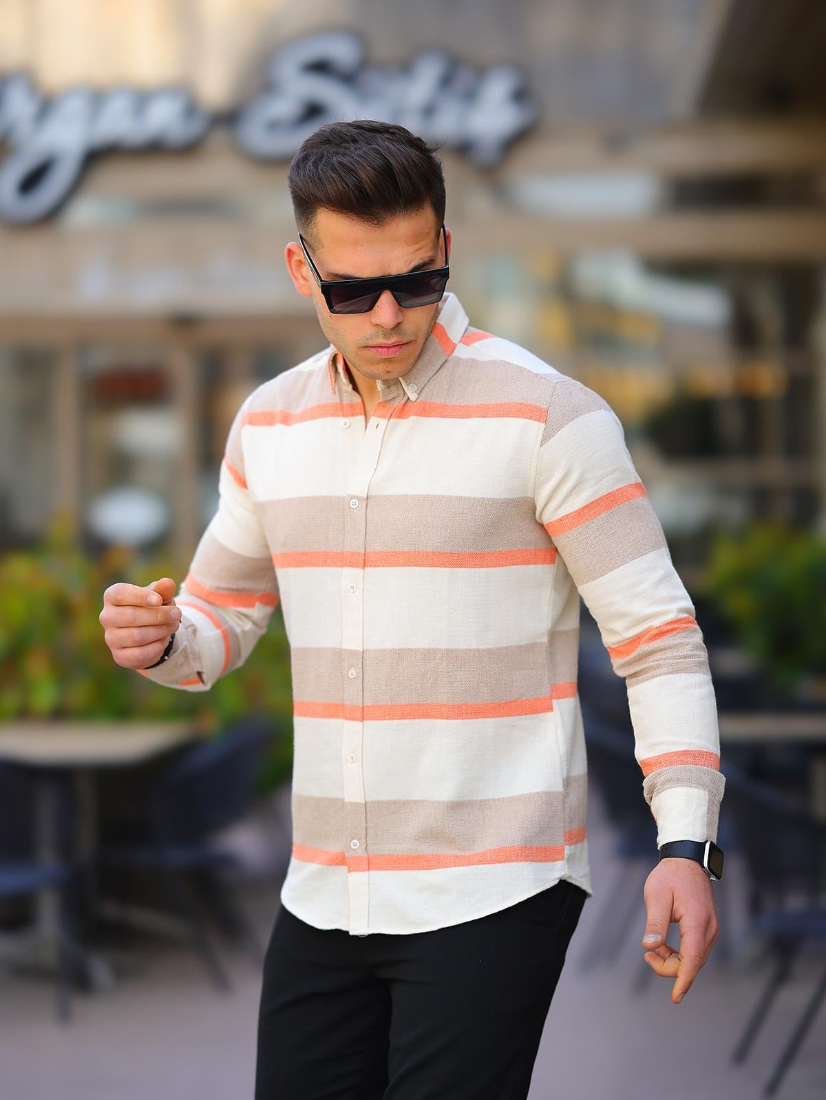 Erkek Bej Slim Fit Panelli Ham Keten Gömlek
