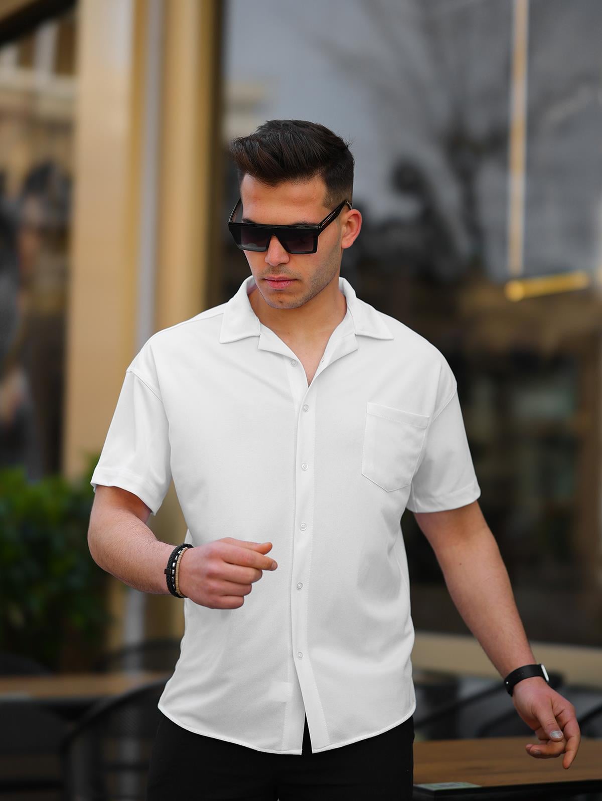 Erkek Beyaz Relaxed Fit Kısa Kollu Gömlek