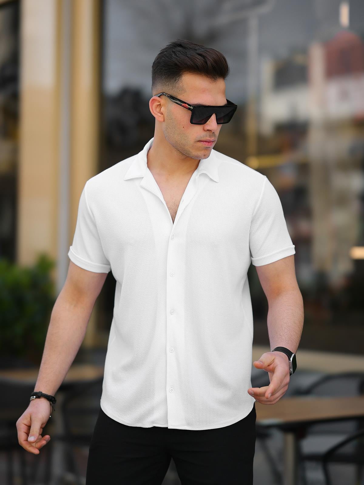Erkek Beyaz Slim Fit Fitilli Kısa Kollu Gömlek