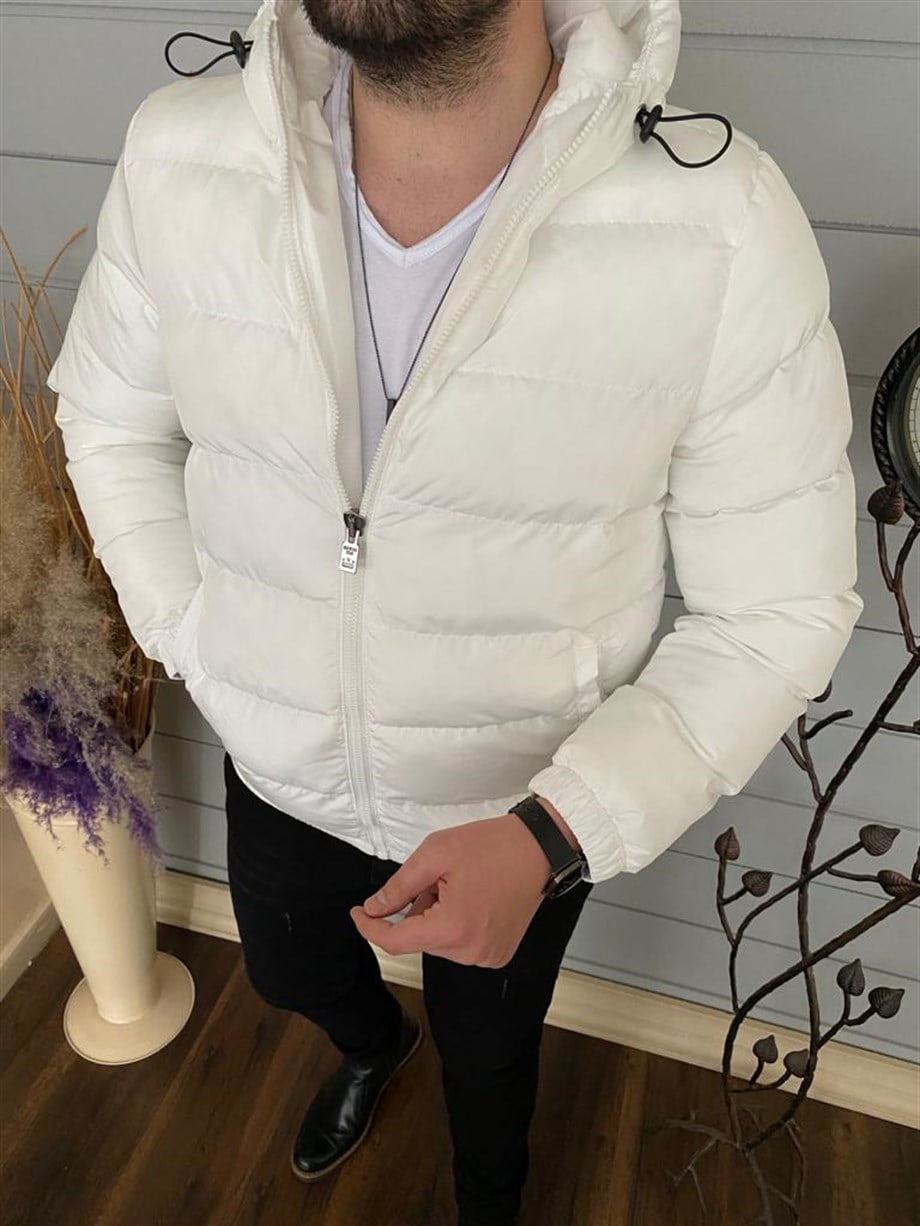 Erkek Beyaz Slim Fit Kapüşonlu Şişme Mont