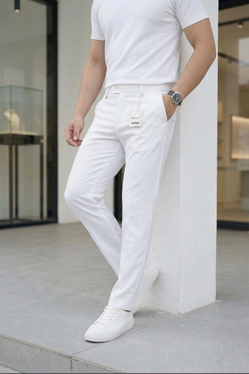 Erkek Beyaz Slim Fit Likralı Yan Cep Bilek Boy Düz Kumaş Pantolon