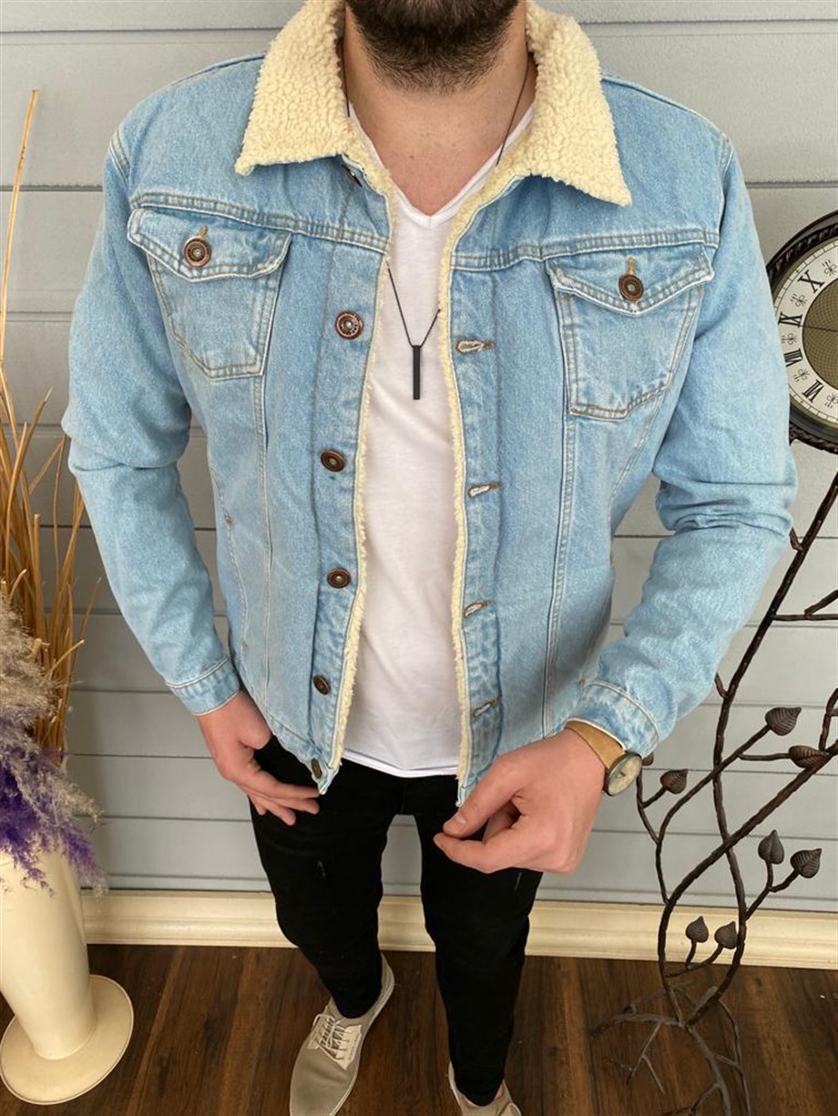 Erkek Buz Mavi Slim Fit Kürklü Kot Ceket