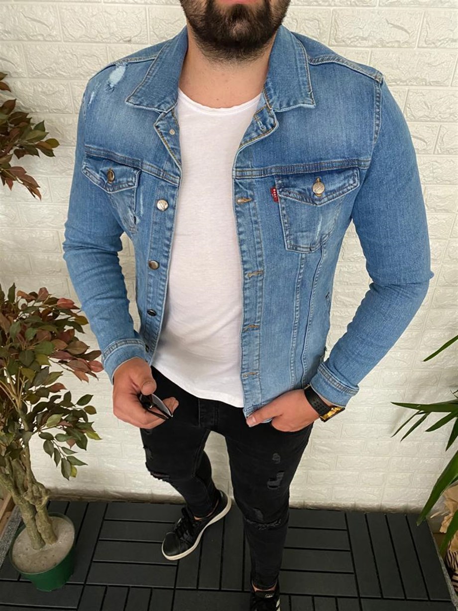 Erkek Buz Mavi Slim Fit Lazerli Kot Ceket