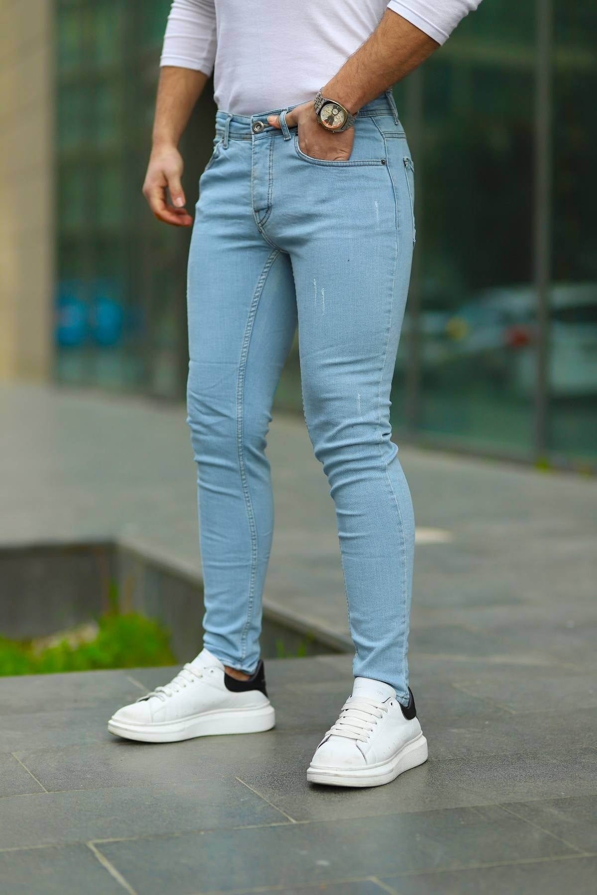 Erkek Buz Mavi Slim Fit Likralı Dar Paça Lazerli Kot Pantolon