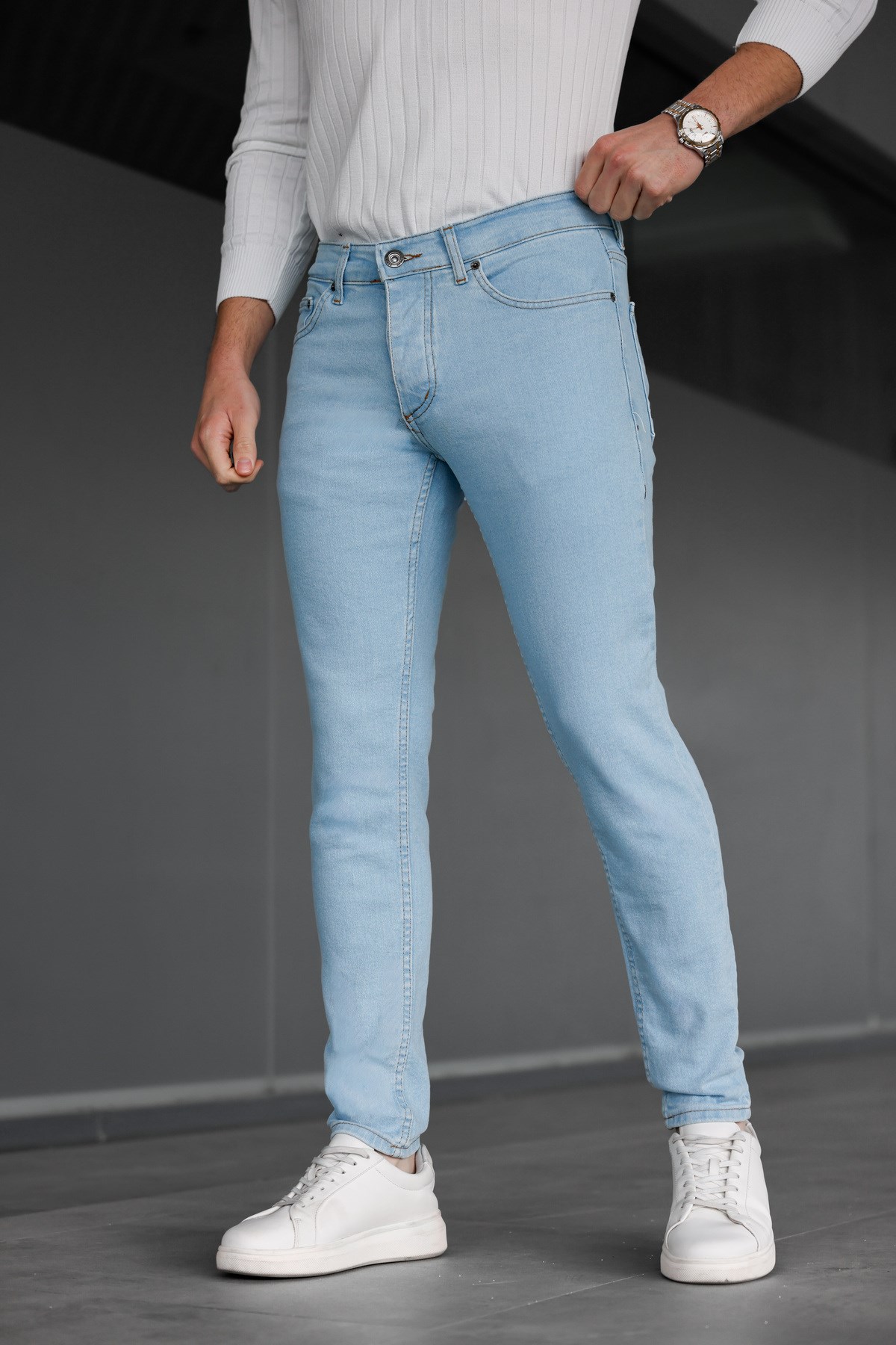 Erkek Buz Mavi Slim Fit Likralı Jean Pantolon