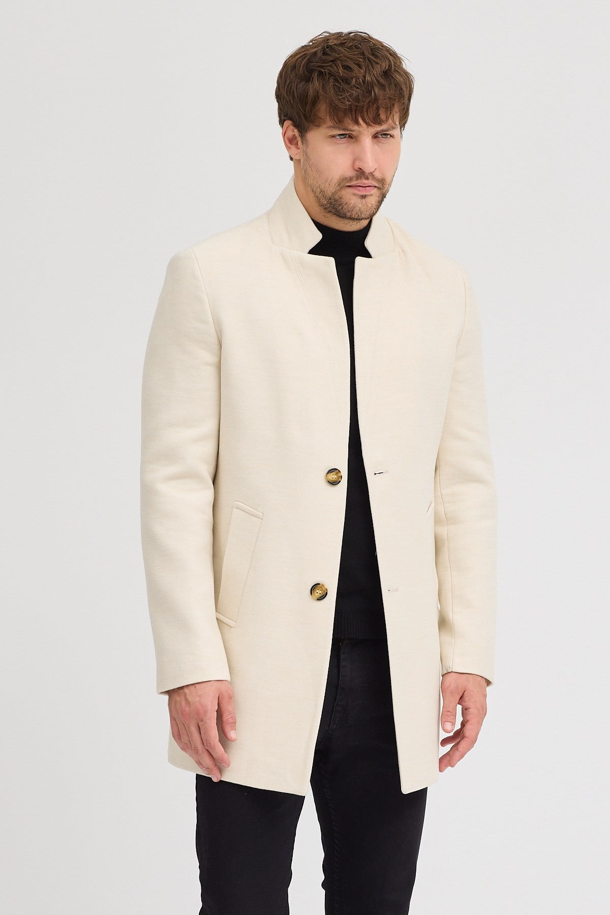 Erkek Ekru Kaşe Kaban Slim Fit Dik Yaka Kışlık Kaban Palto