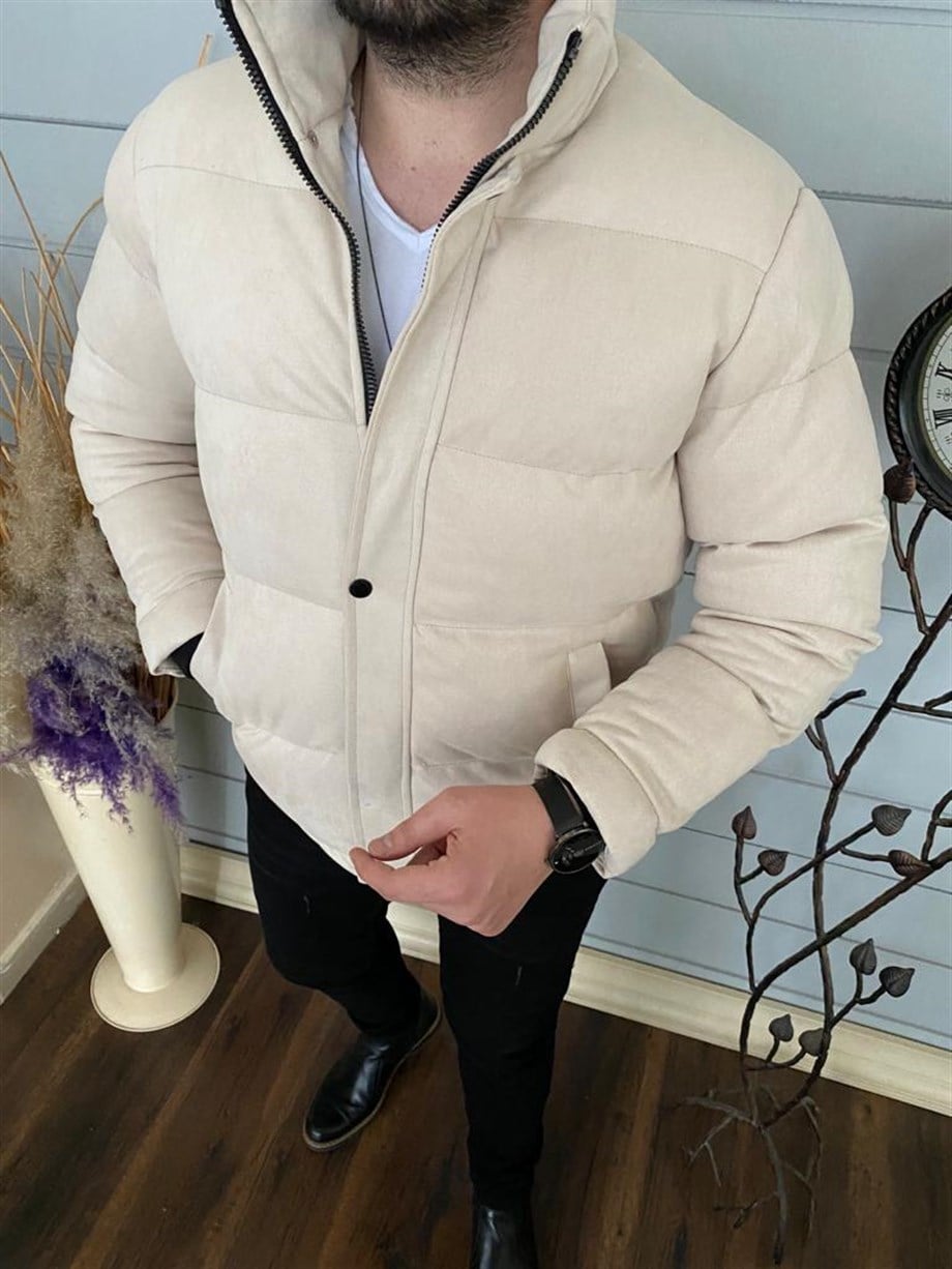 Erkek Ekru Slim Fit Dik Yaka Süet Şişme Mont