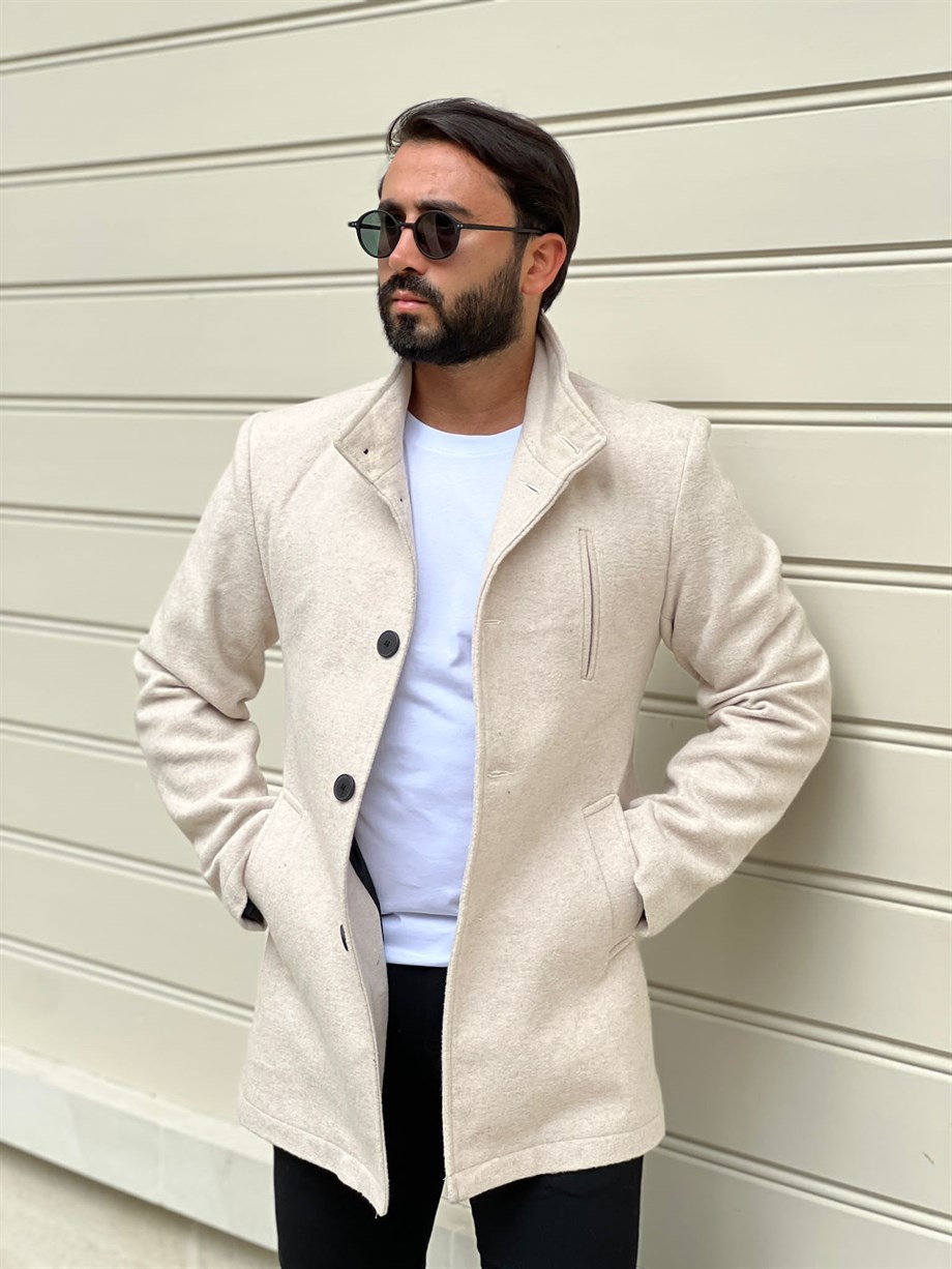 Erkek Ekru Slim Fit Ezel Kaşe Kaban