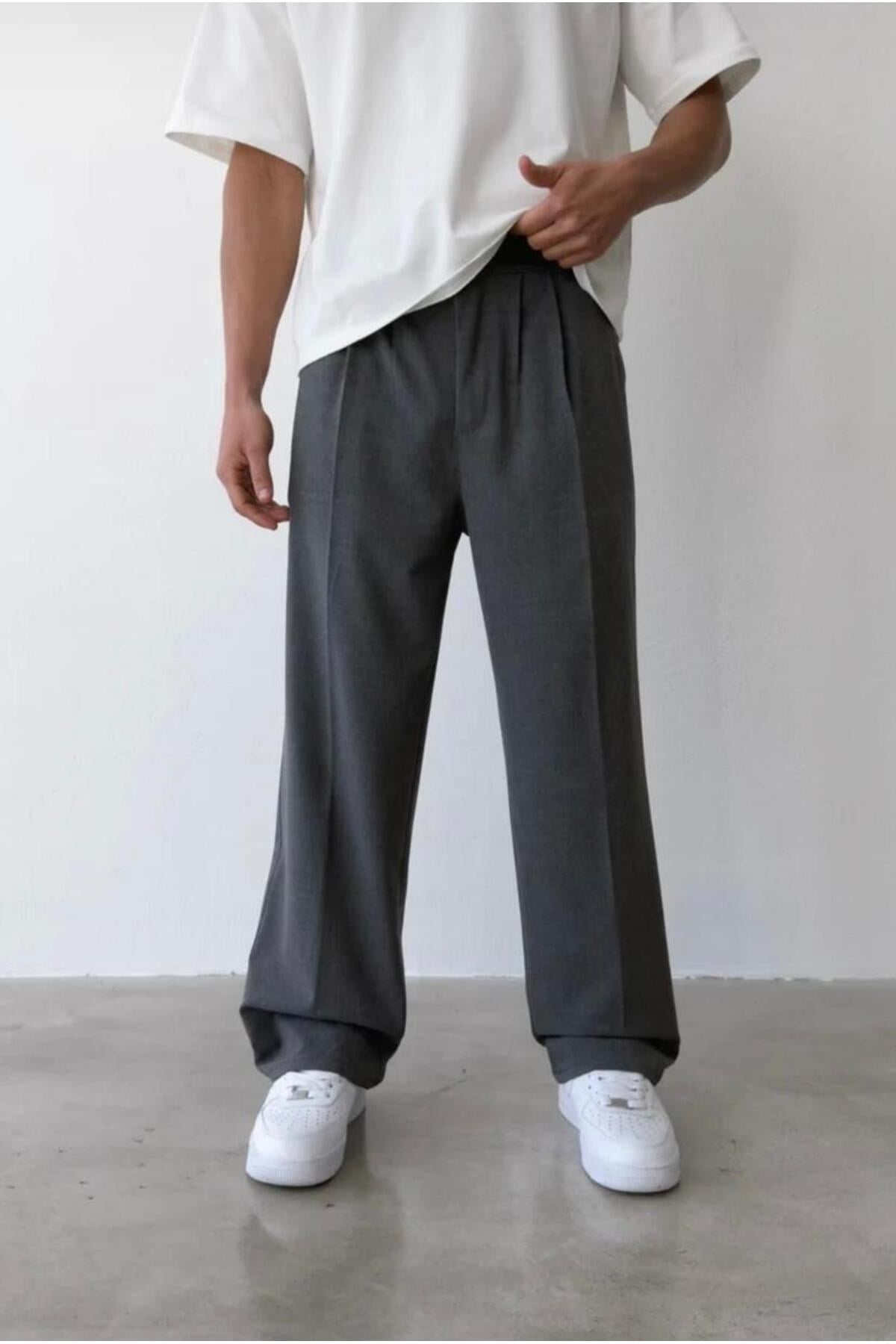 Erkek Füme Baggy Fit Rahat Kesim Pileli Kumaş Pantolon