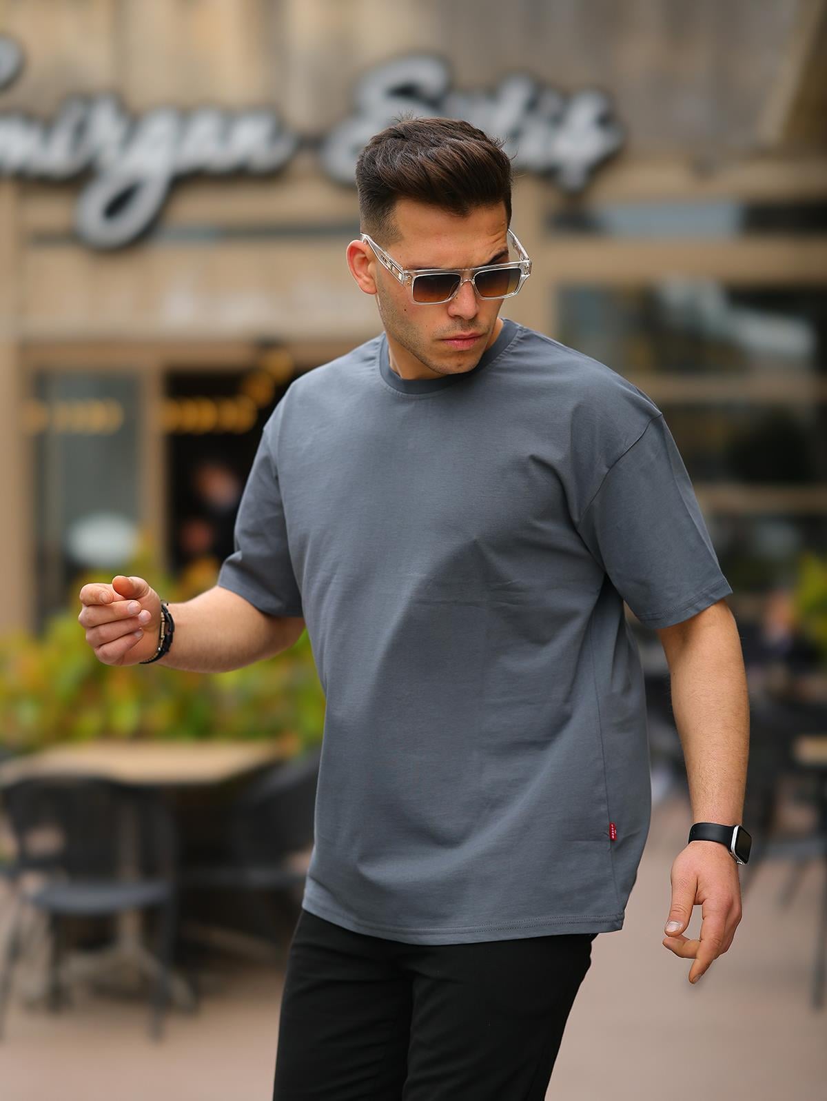 Erkek Füme Basic Oversize T-shirt