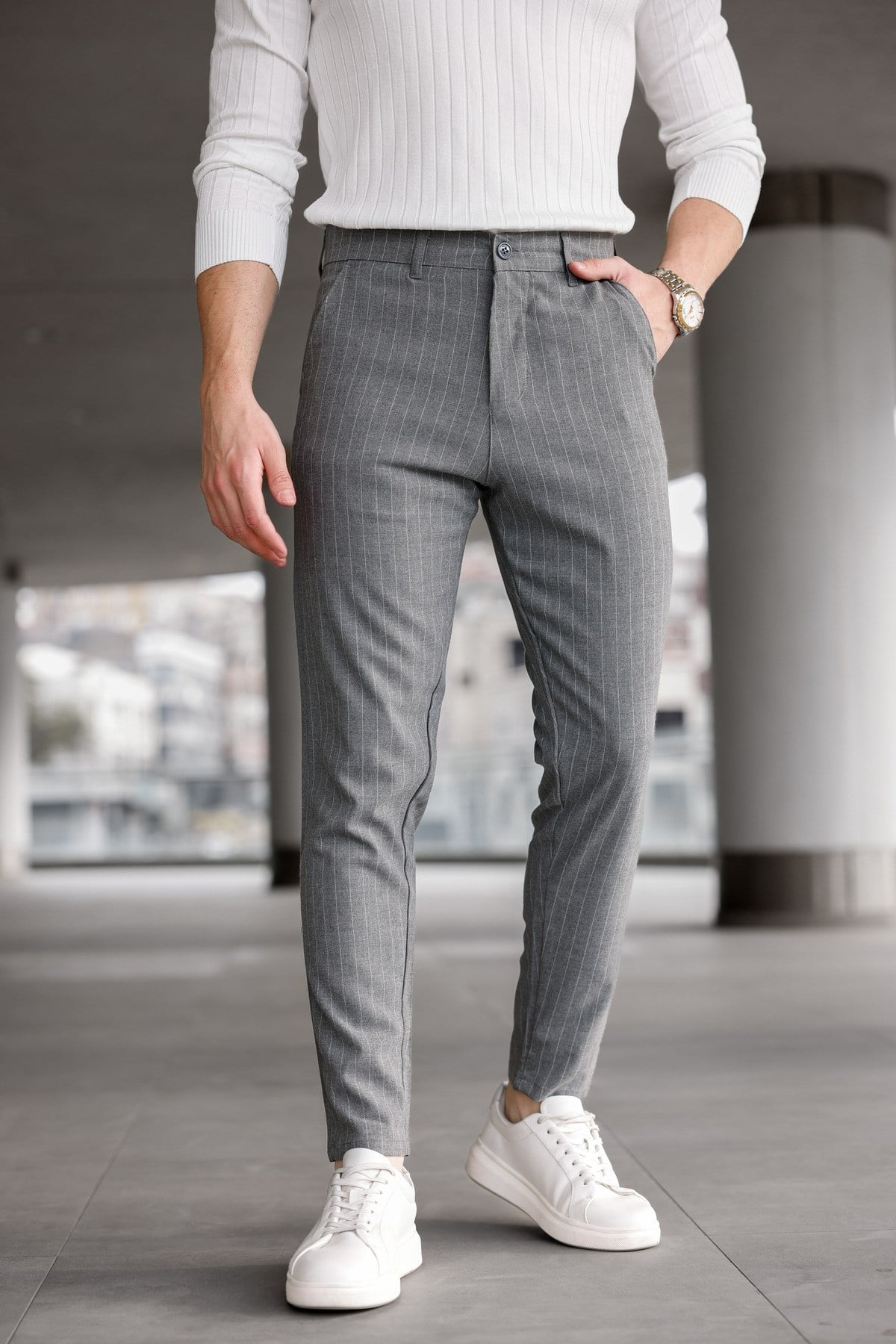 Erkek Füme Slim Fit Çizgili Likralı Yan Cep Bilek Boy Düz Kumaş Pantolon