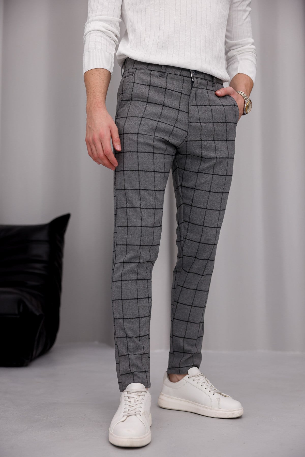 Erkek Füme Slim Fit Ekoseli Likralı Yan Cep Bilek Boy Kumaş Pantolon