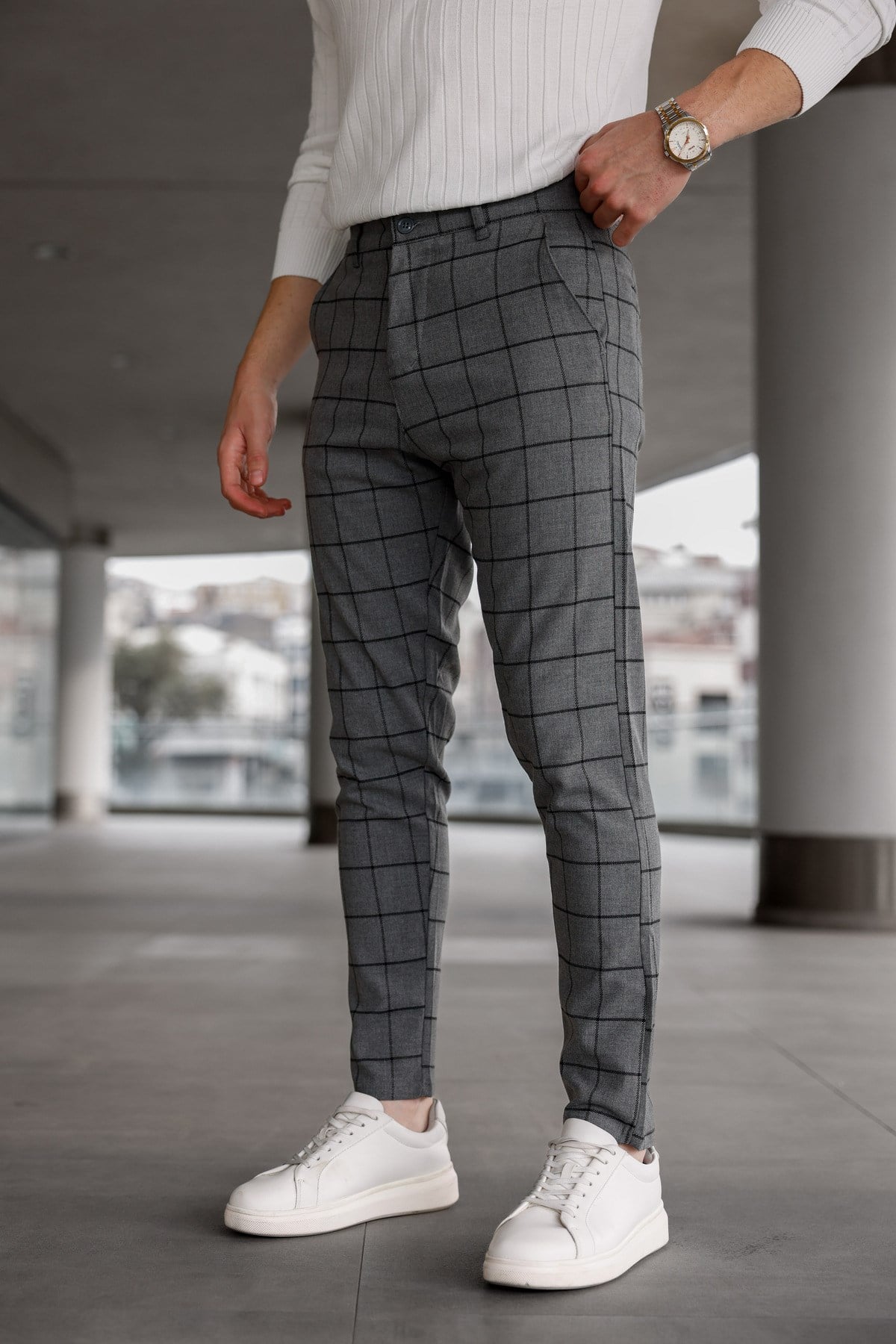 Erkek Füme Slim Fit Ekoseli Likralı Yan Cep Bilek Boy Kumaş Pantolon