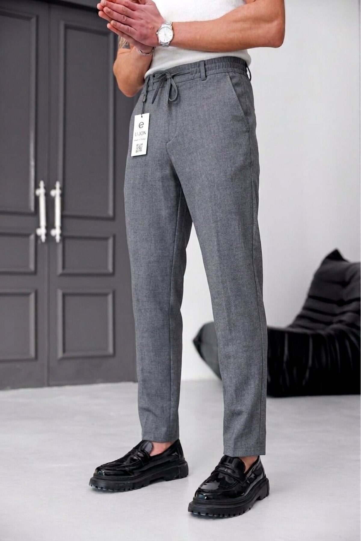 Erkek Füme Slim Fit Likralı Beli Lastikli Bağcıklı Yan Cep Jogger Kumaş Pantolon