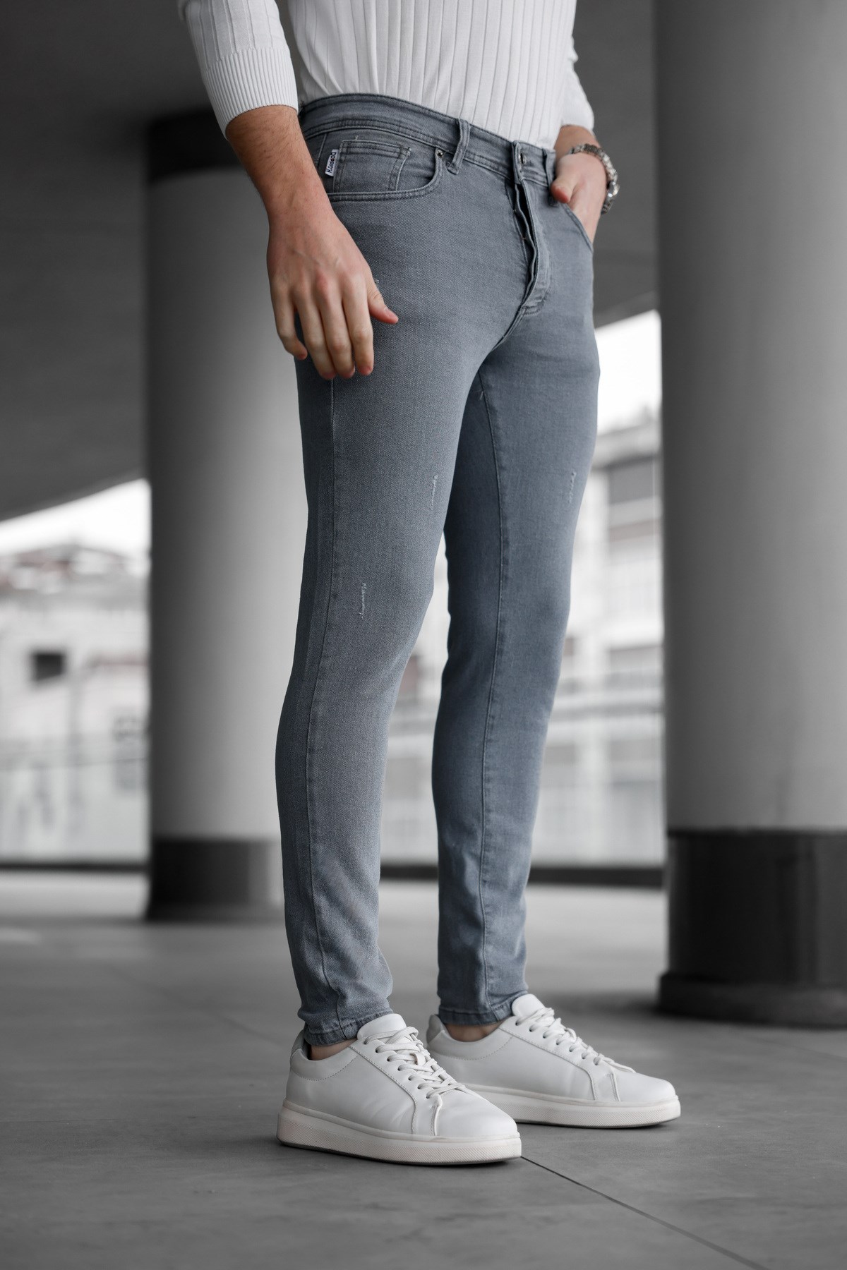 Erkek Füme Slim Fit Likralı Dar Paça Lazerli Kot Pantolon