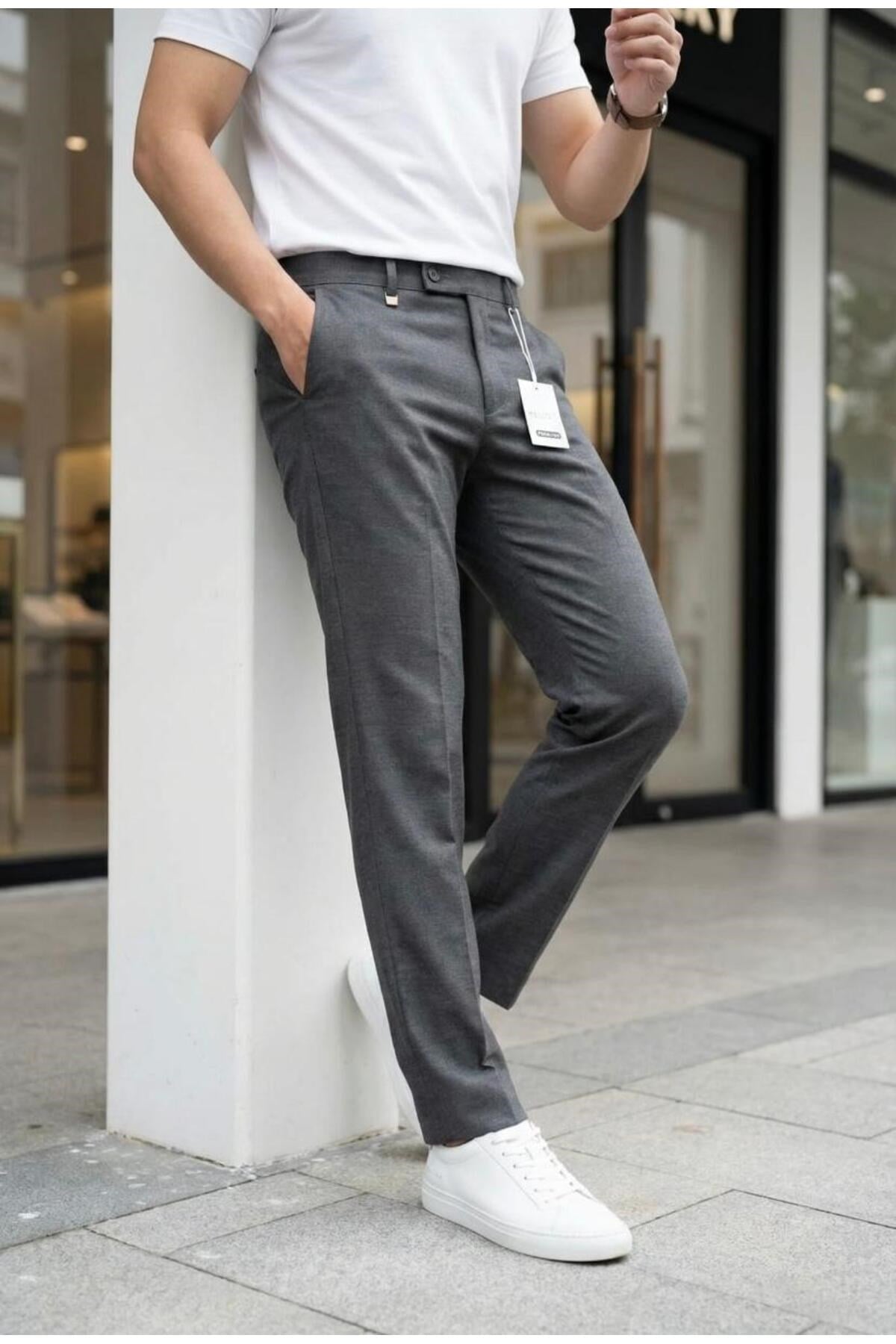 Erkek Füme Slim Fit Likralı Yan Cep Bilek Boy Düz Kumaş Pantolon