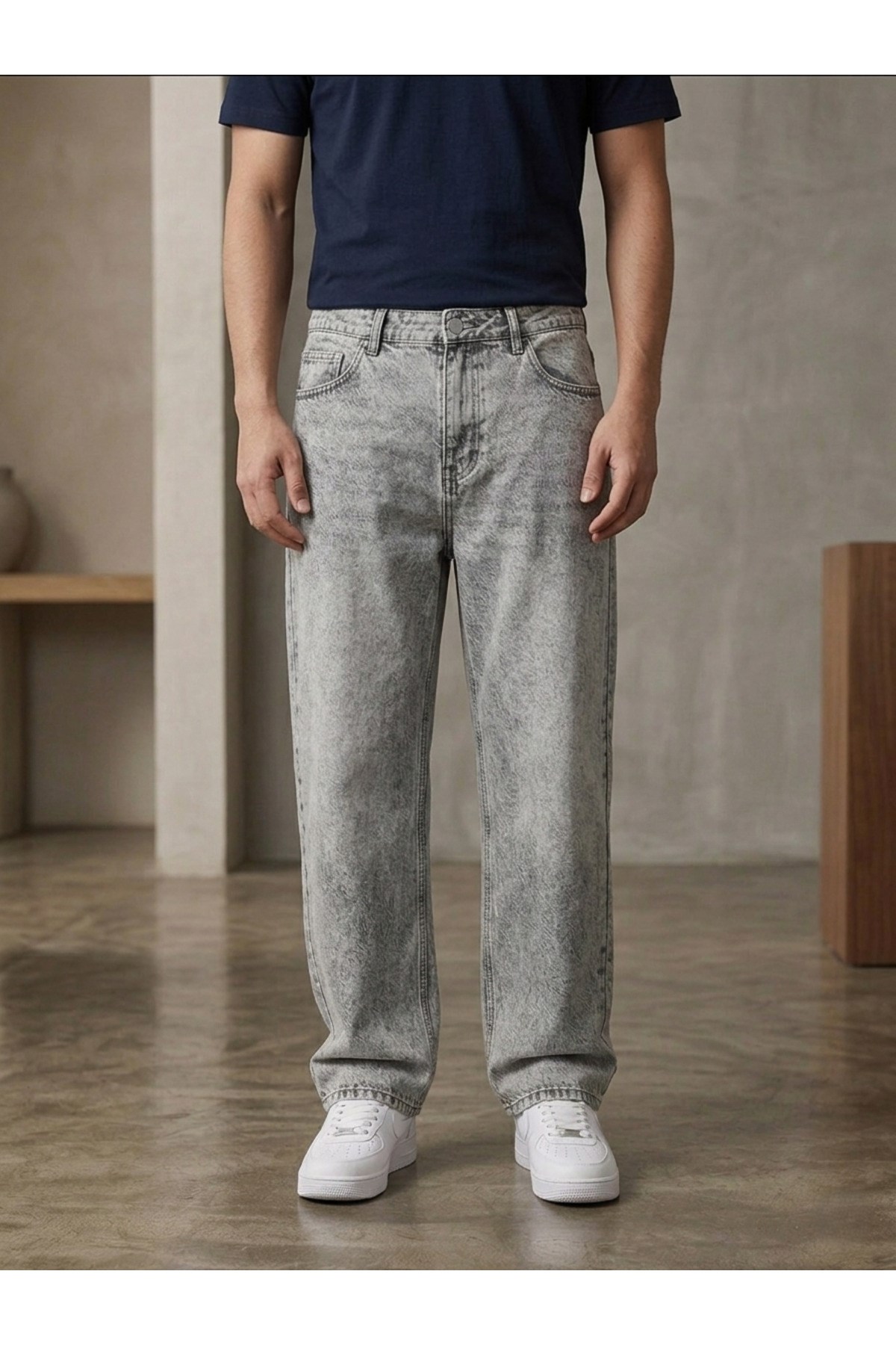 Erkek Gri Baggy Fit Geniş Kesim Jean Pantolon