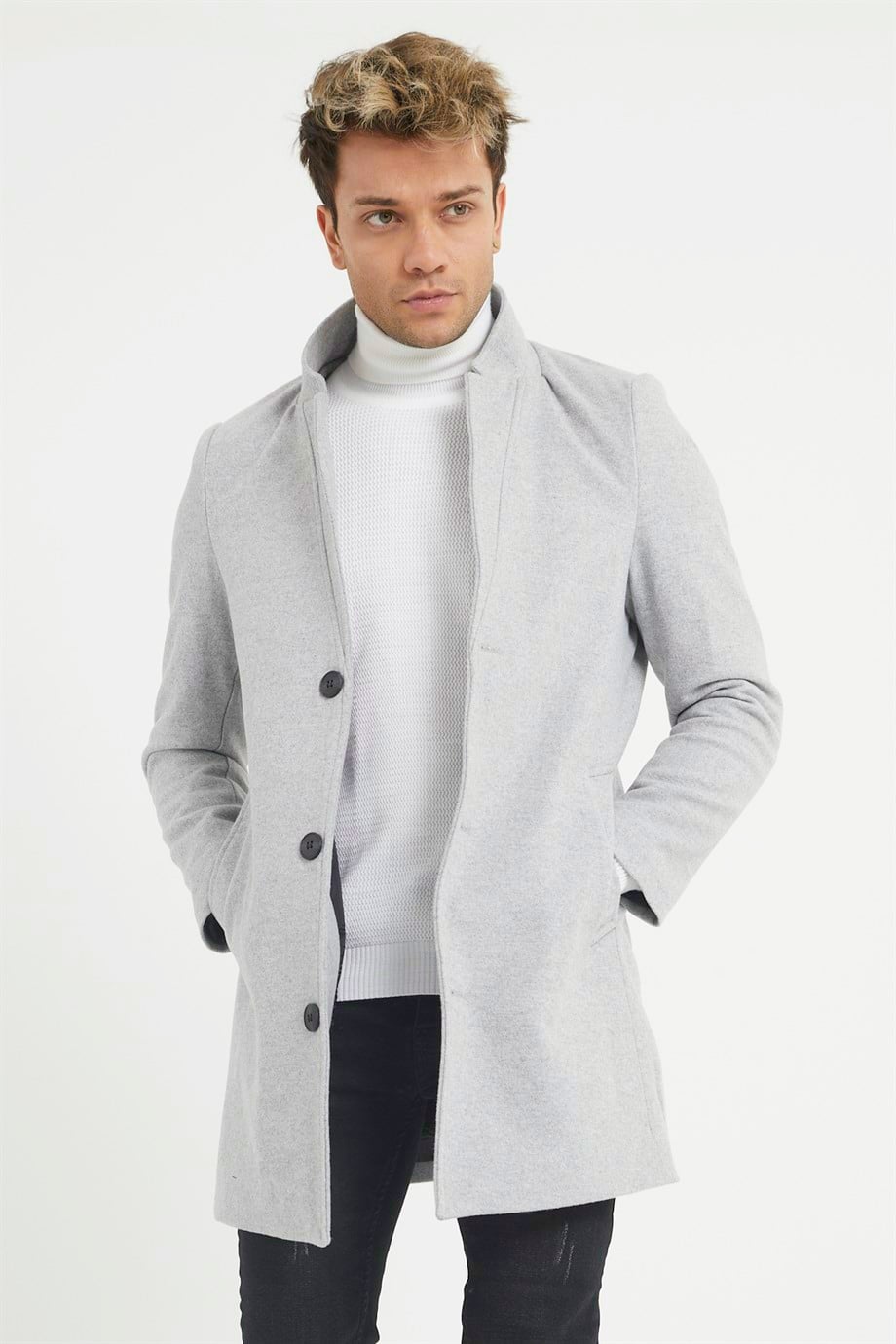 Erkek Gri Slim Fit Dik Yaka Kaşe Kaban