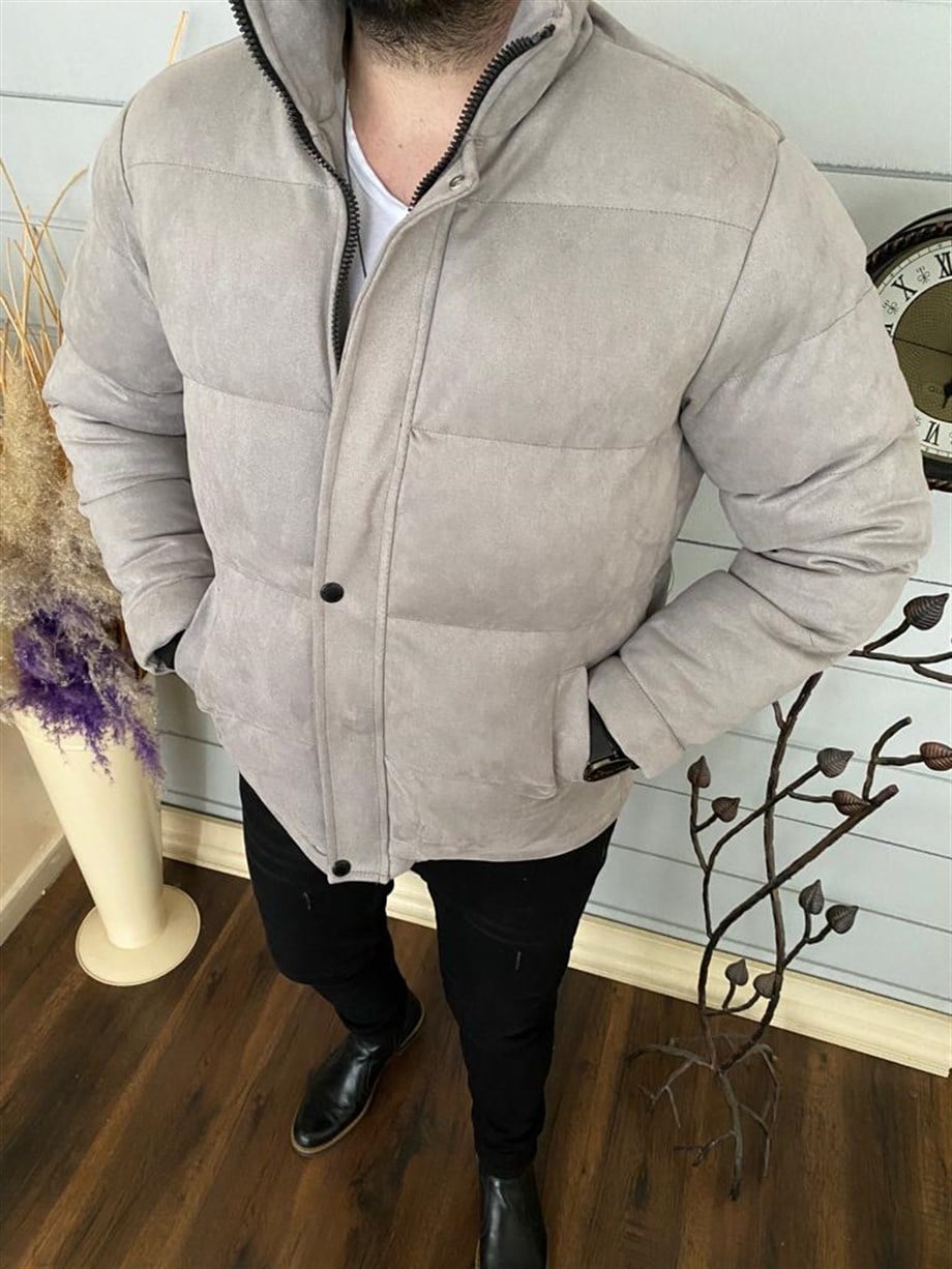 Erkek Gri Slim Fit Dik Yaka Süet Şişme Mont