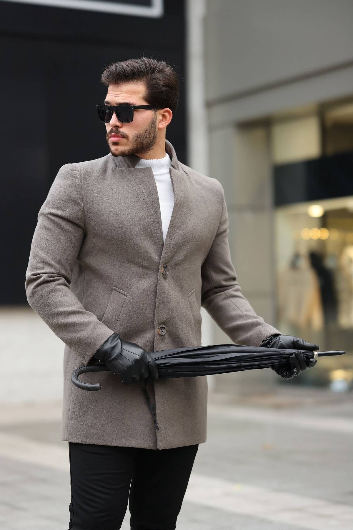 Erkek Haki Kaşe Kaban Slim Fit Dik Yaka Kışlık Kaban Palto