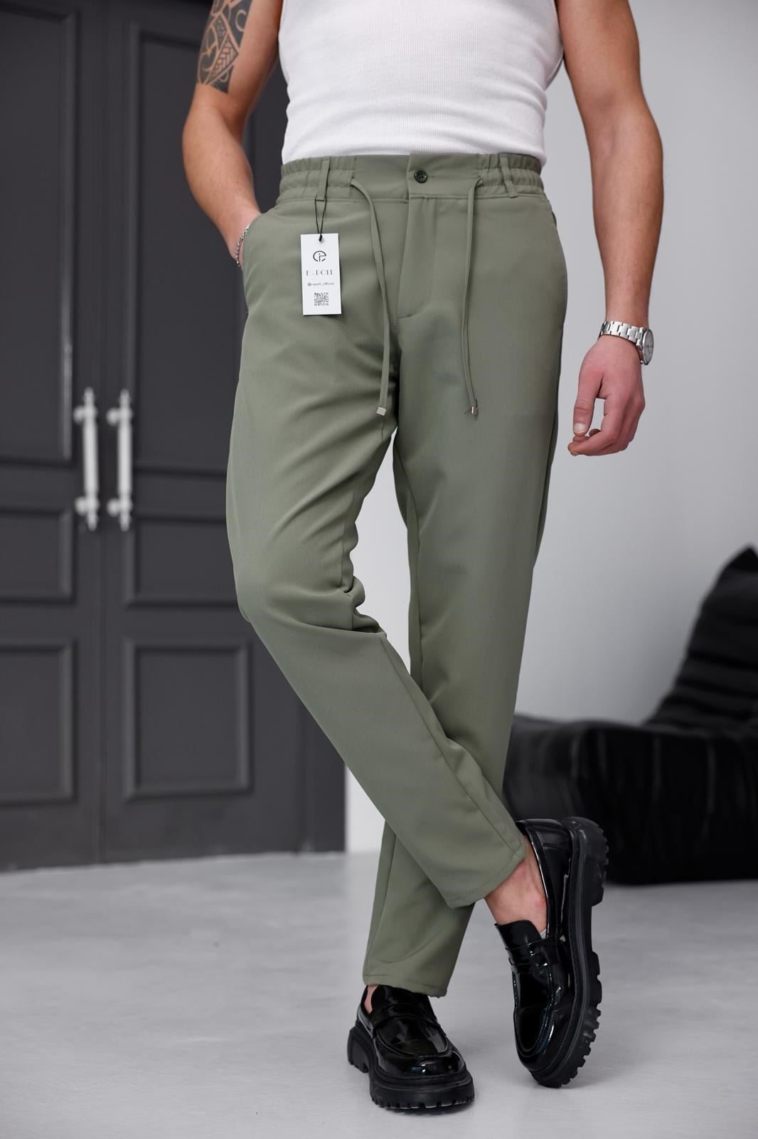 Erkek Haki Slim Fit Likralı Beli Lastikli Bağcıklı Yan Cep Jogger Kumaş Pantolon