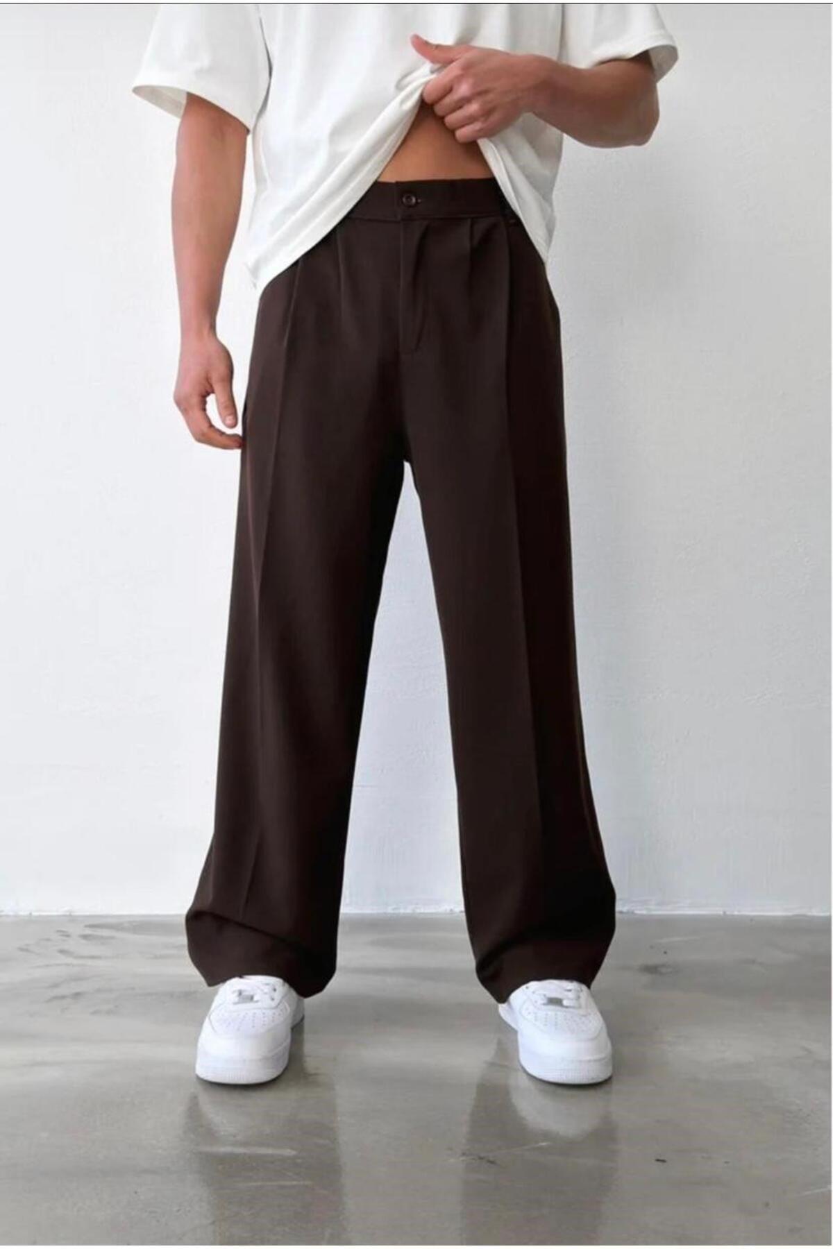 Erkek Kahverengi Baggy Fit Rahat Kesim Pileli Kumaş Pantolon