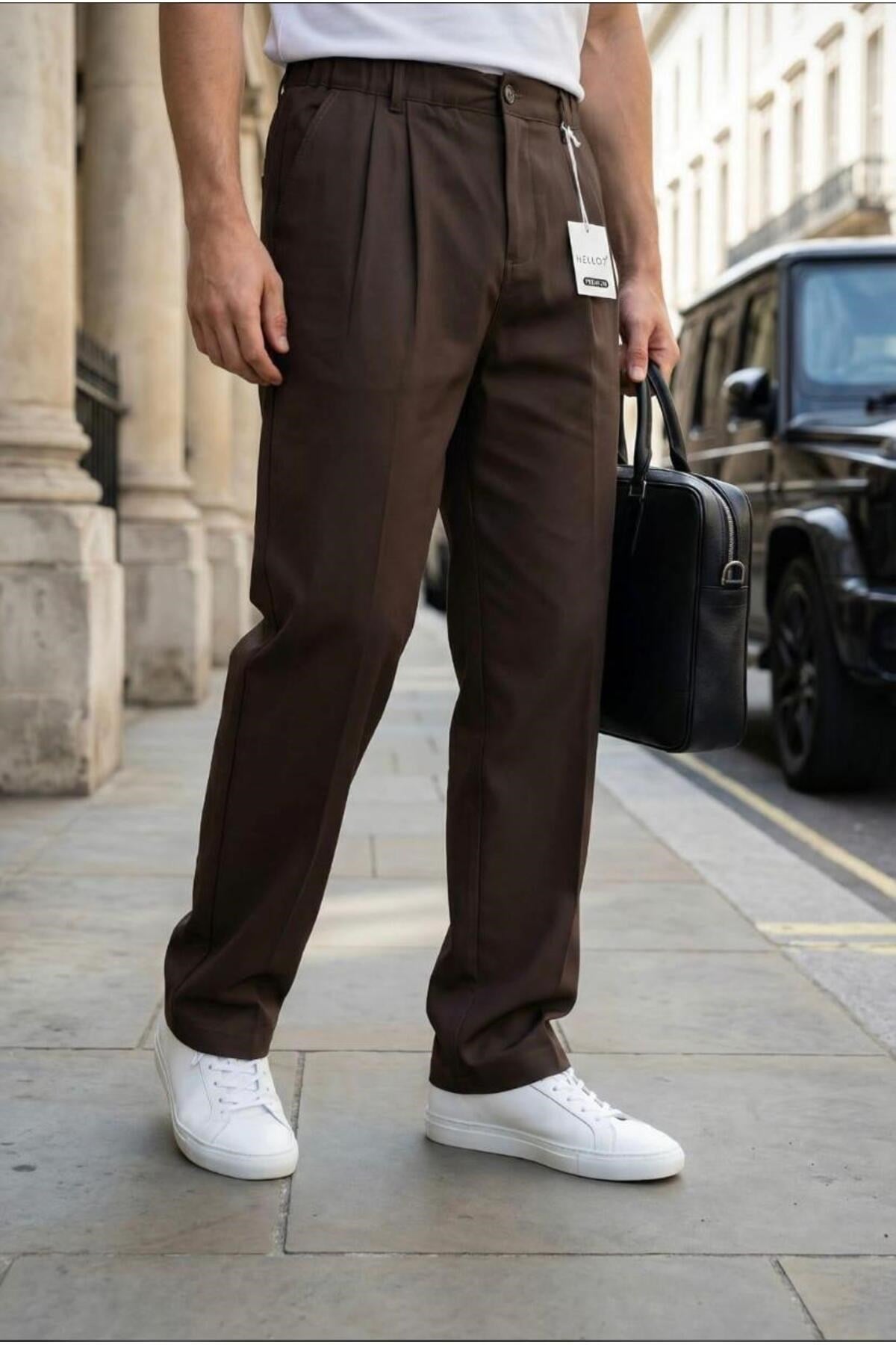Erkek Kahverengi Baggy Fit Rahat Kesim Pileli Kumaş Pantolon
