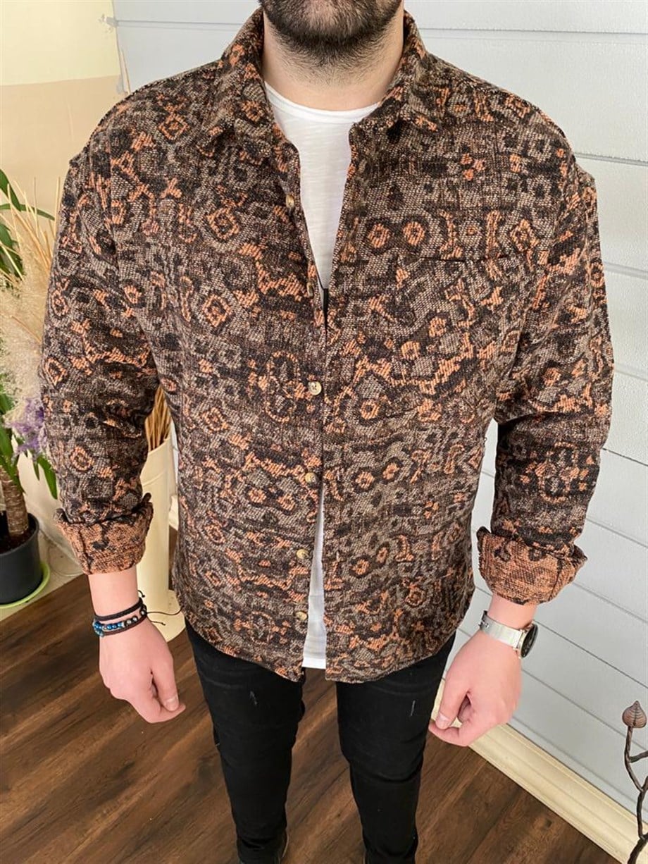 Erkek Kahverengi Oversize Cepli Kışlık Gömlek
