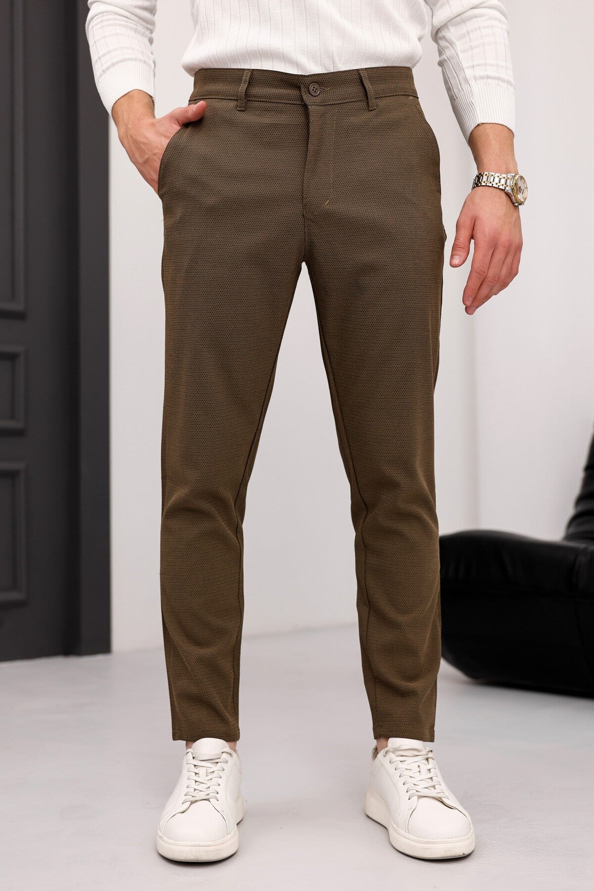 Erkek Kahverengi Slim Fit Likralı Armür Desenli Casual Pantolon
