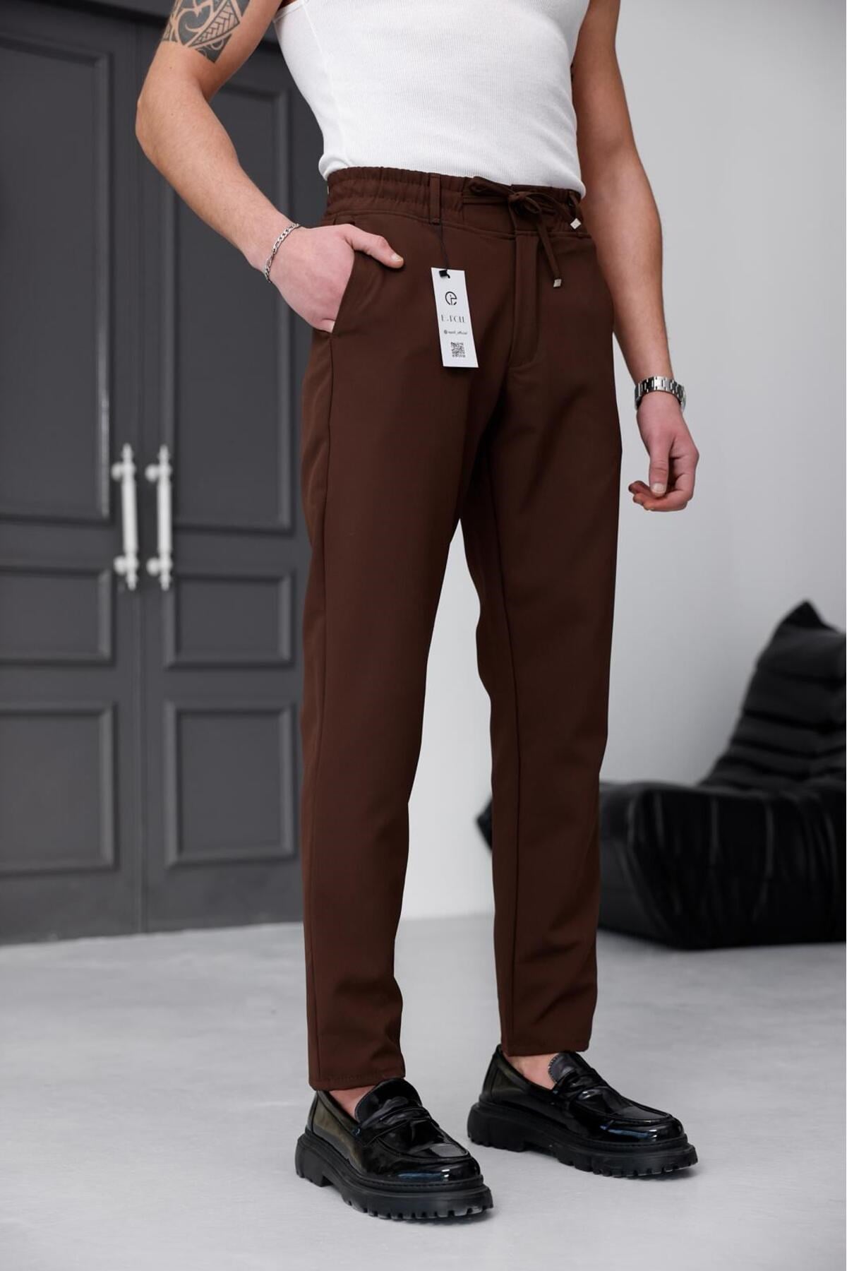 Erkek Kahverengi Slim Fit Likralı Beli Lastikli Bağcıklı Yan Cep Jogger Kumaş Pantolon