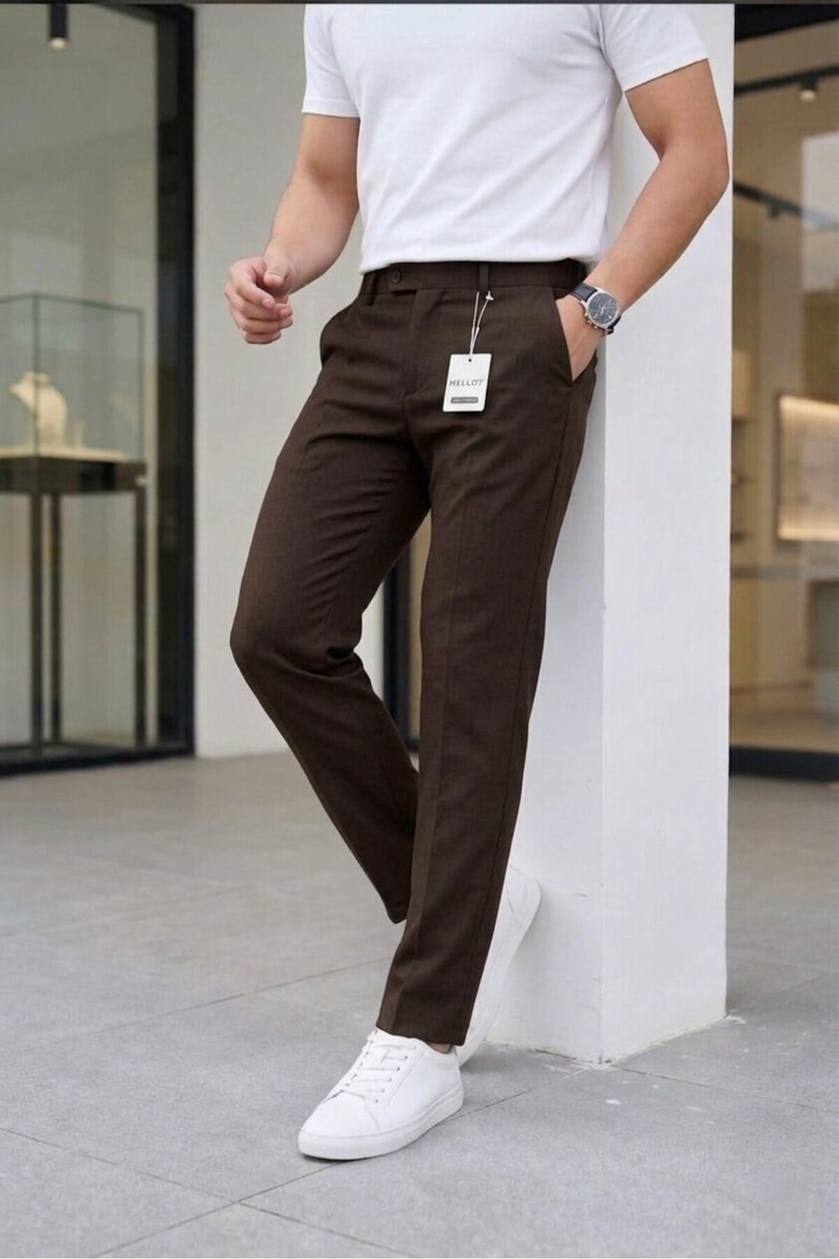 Erkek Kahverengi Slim Fit Likralı Yan Cep Bilek Boy Düz Kumaş Pantolon