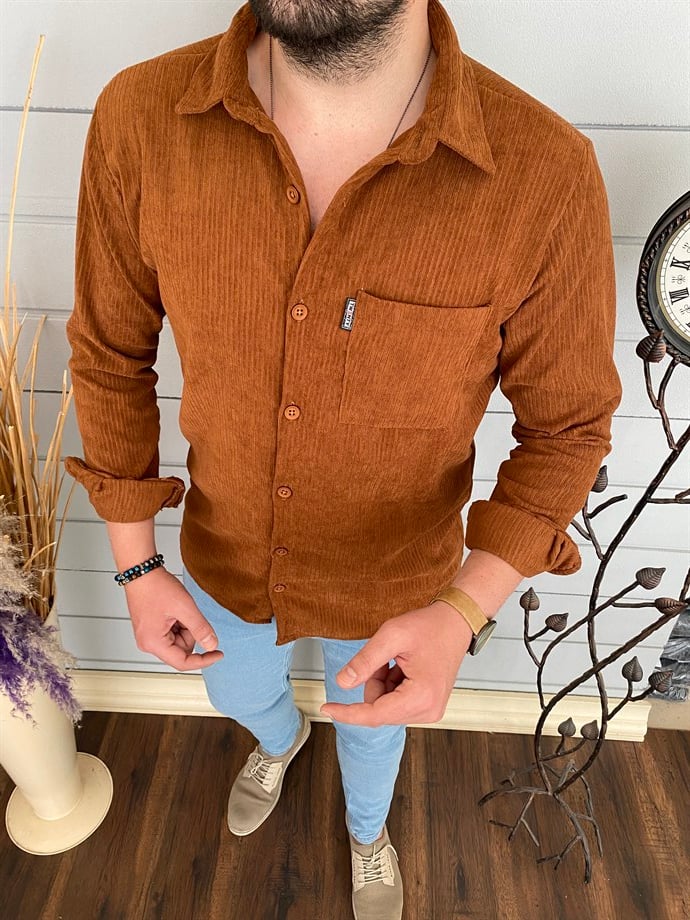 Erkek Kahverengi Slim Fit Örme Kadife Gömlek