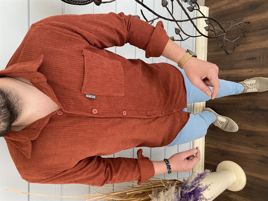 Erkek Kiremit Slim Fit Örme Kadife Gömlek