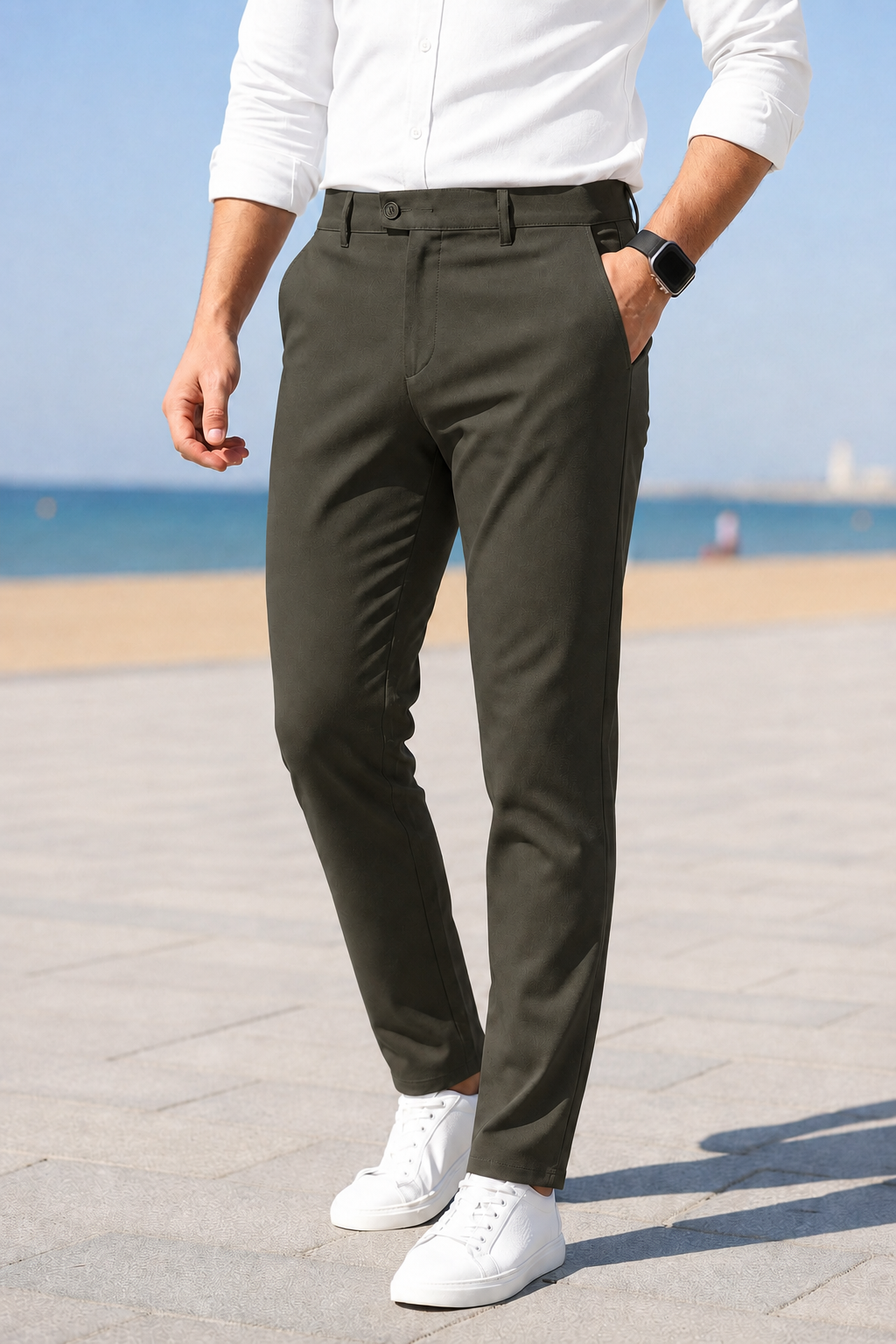 Erkek Koyu Yeşil Slim Fit Likralı Yan Cep Bilek Boy Düz Kumaş Pantolon