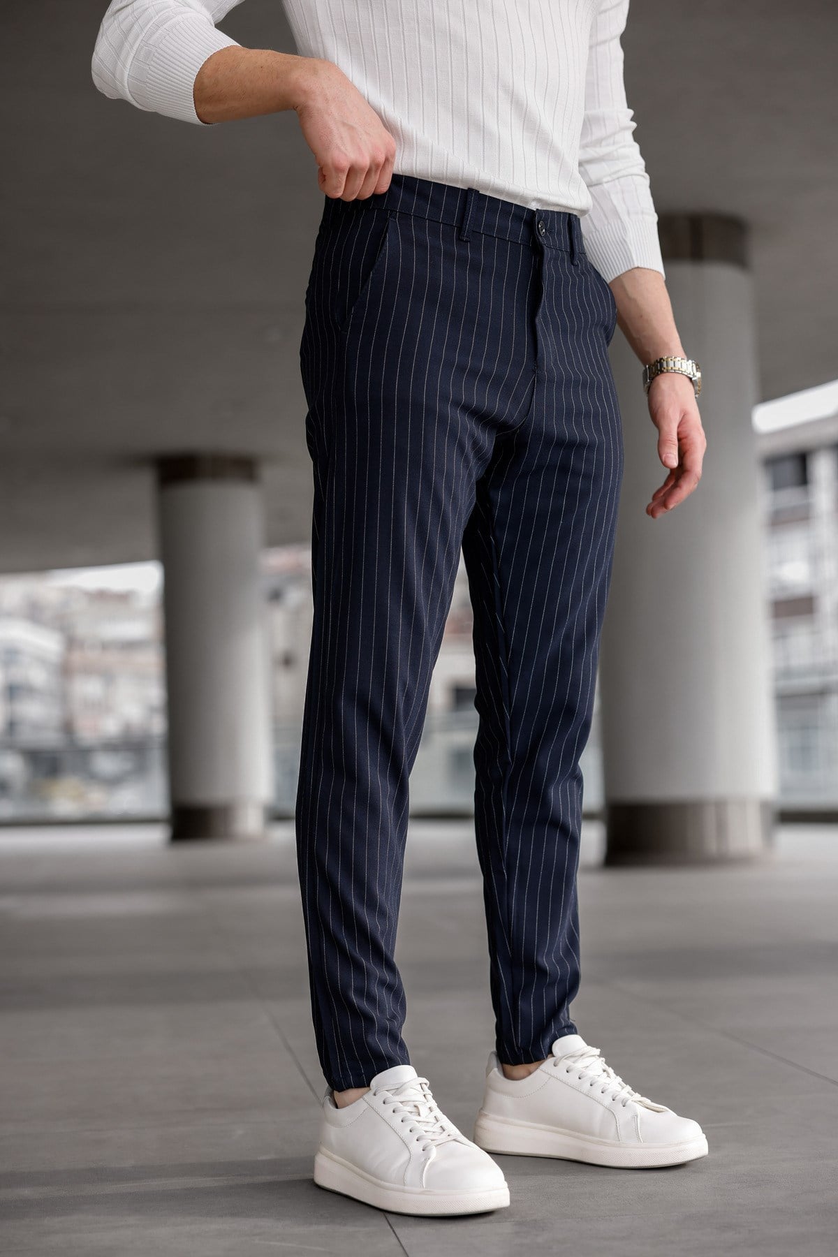 Erkek Lacivert Slim Fit Çizgili Likralı Yan Cep Bilek Boy Kumaş Pantolon
