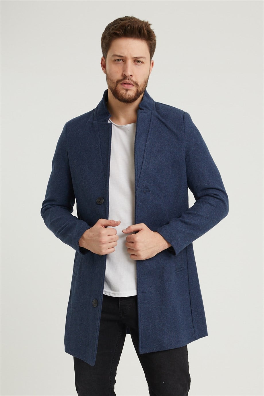 Erkek Lacivert Slim Fit Dik Yaka Kaşe Kaban
