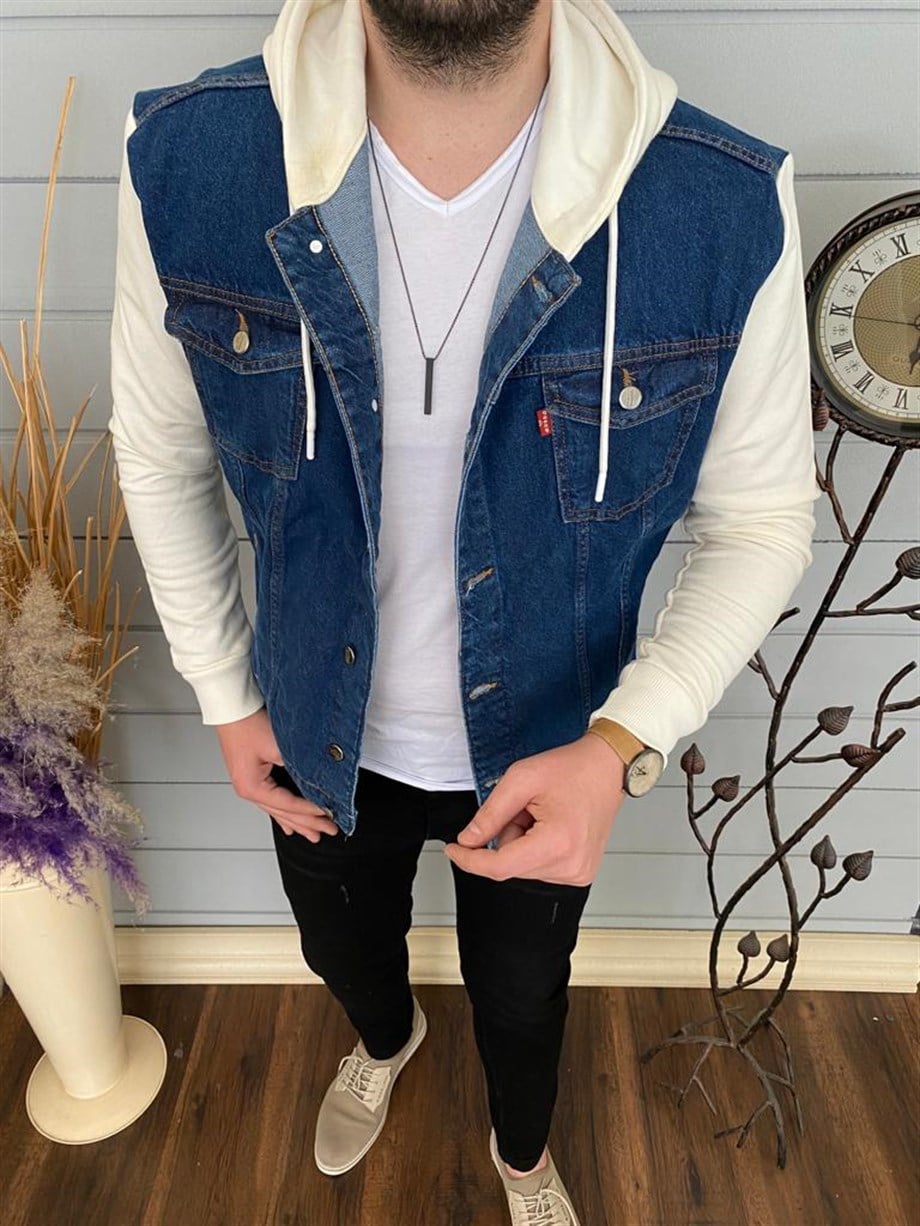Erkek Lacivert Slim Fit Kapüşonlu Kot Ceket