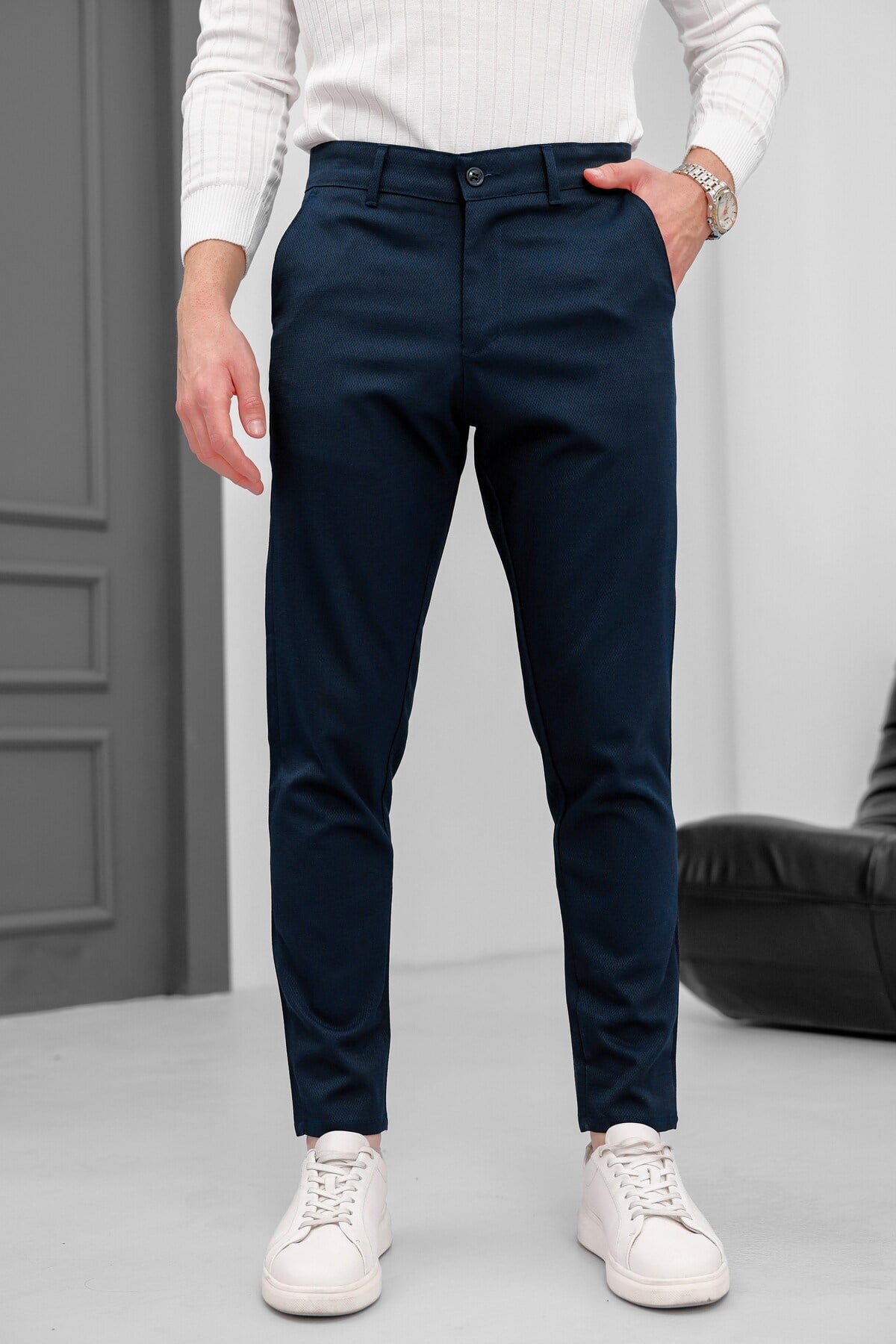 Erkek Lacivert Slim Fit Likralı Armür Desenli Casual Pantolon