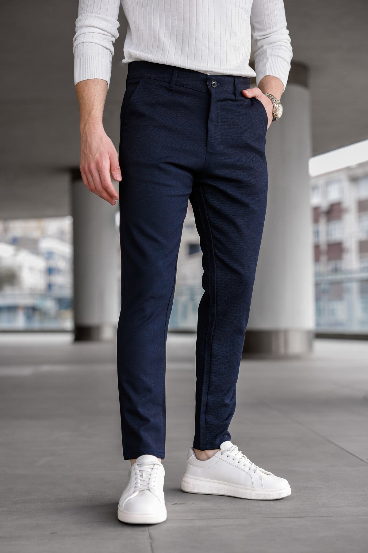Erkek Lacivert Slim Fit Likralı Armür Desenli Casual Pantolon