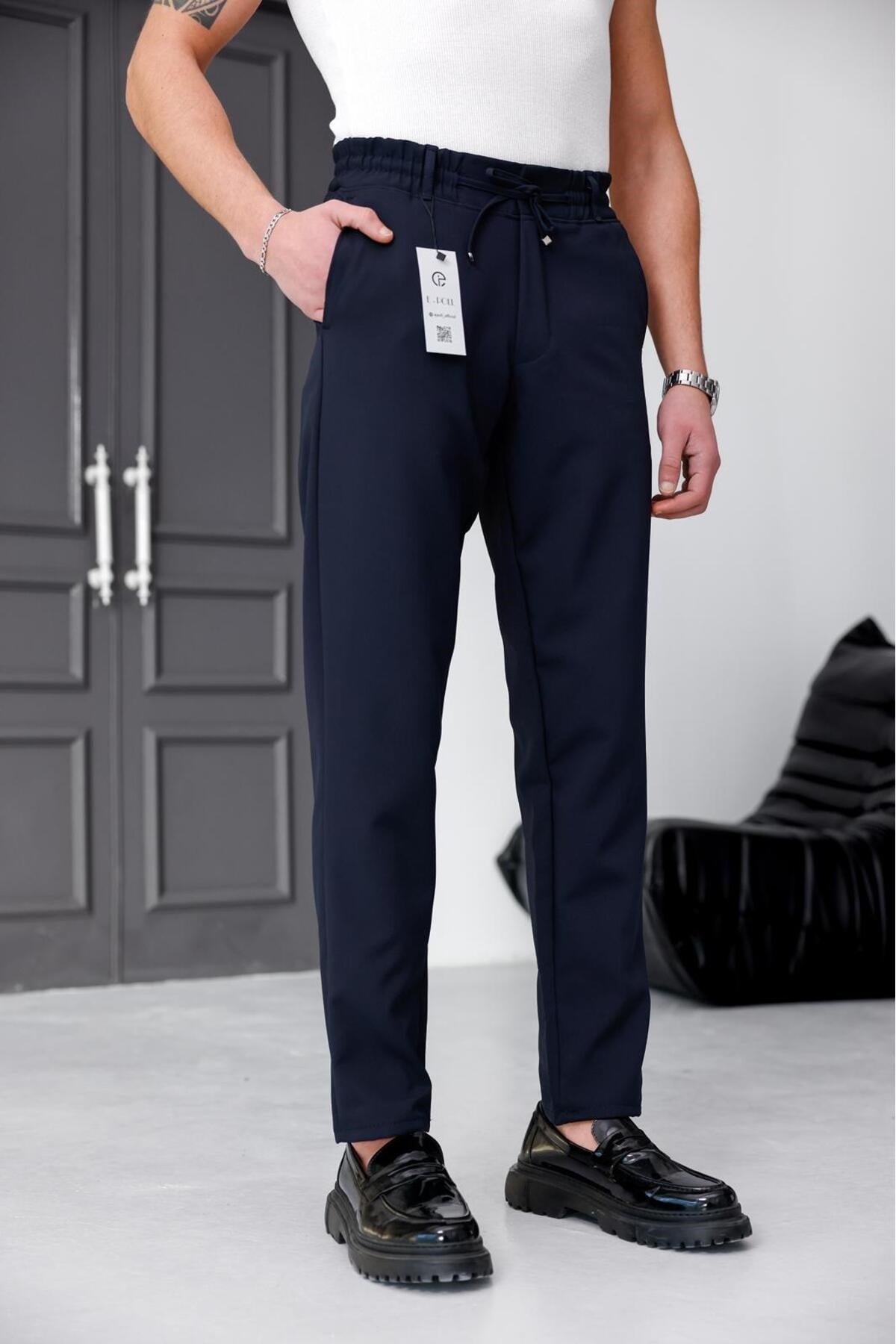 Erkek Lacivert Slim Fit Likralı Beli Lastikli Bağcıklı Yan Cep Jogger Kumaş Pantolon