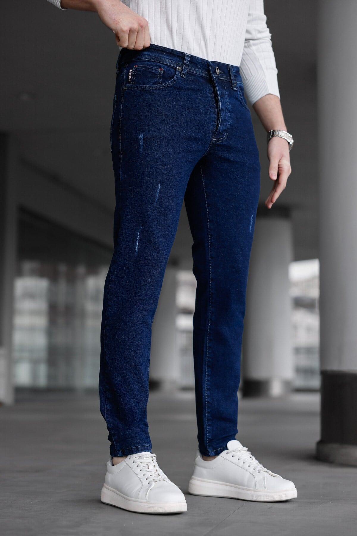 Erkek Lacivert Slim Fit Likralı Dar Paça Lazerli Kot Pantolon