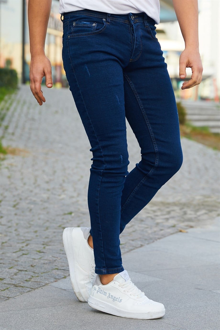 Erkek Lacivert Slim Fit Likralı Dar Paça Lazerli Kot Pantolon