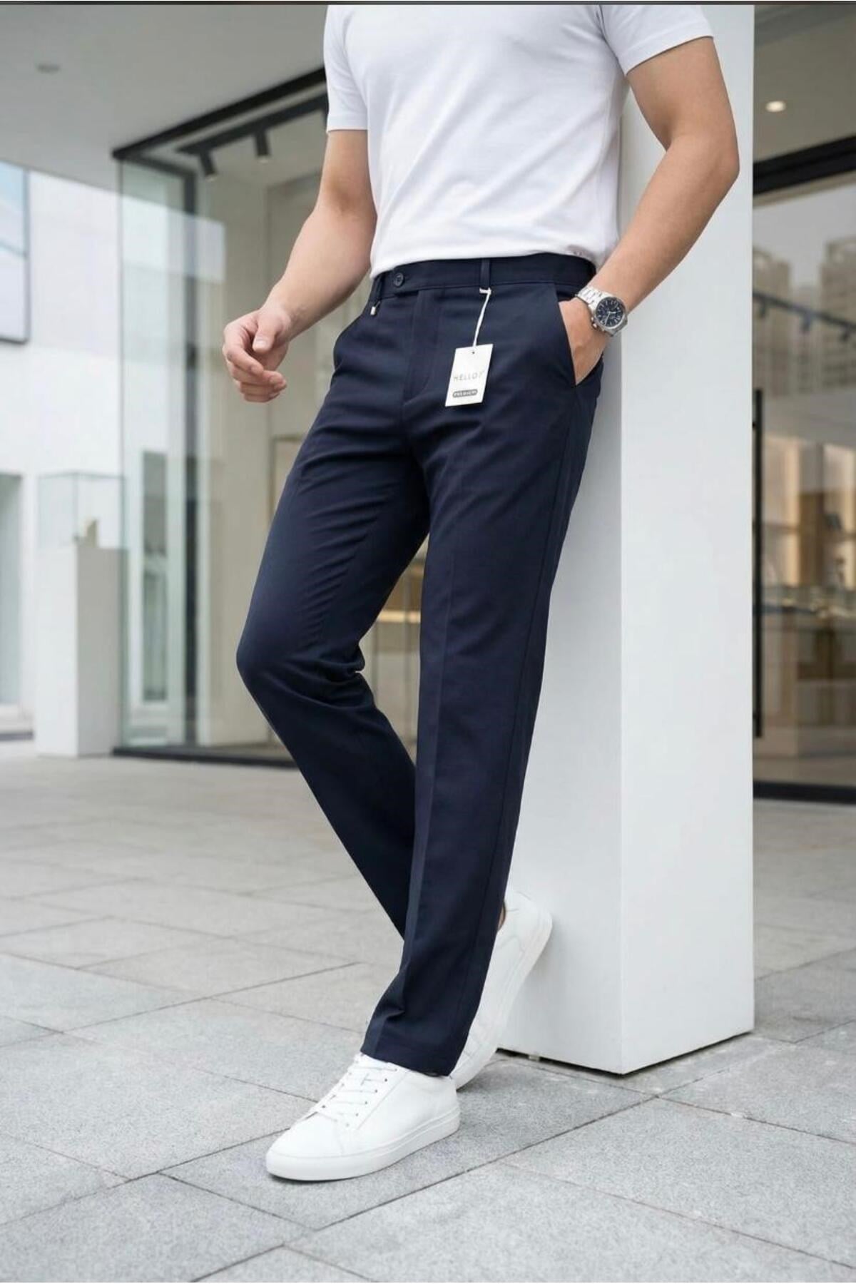 Erkek Lacivert Slim Fit Likralı Yan Cep Bilek Boy Düz Kumaş Pantolon