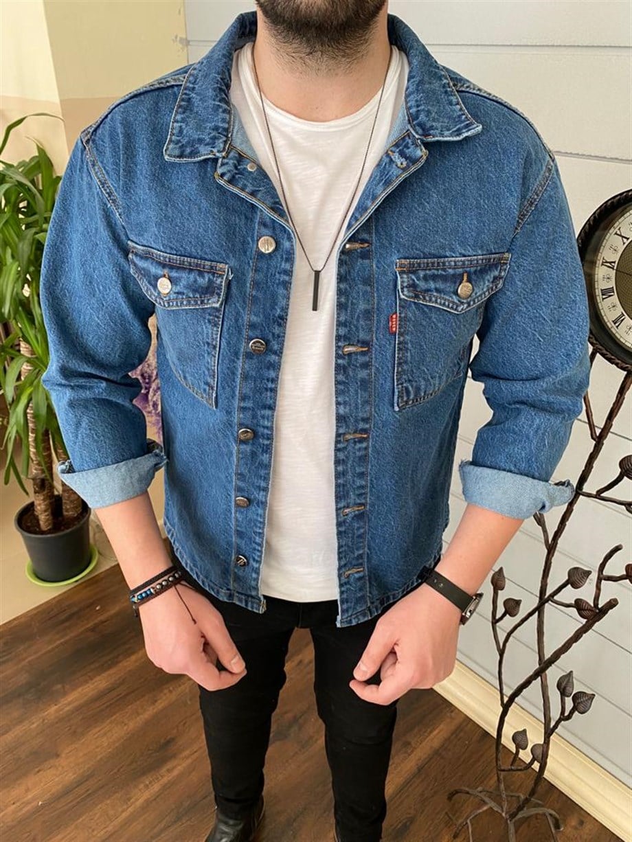 Erkek Mavi Oversize Kot Gömlek