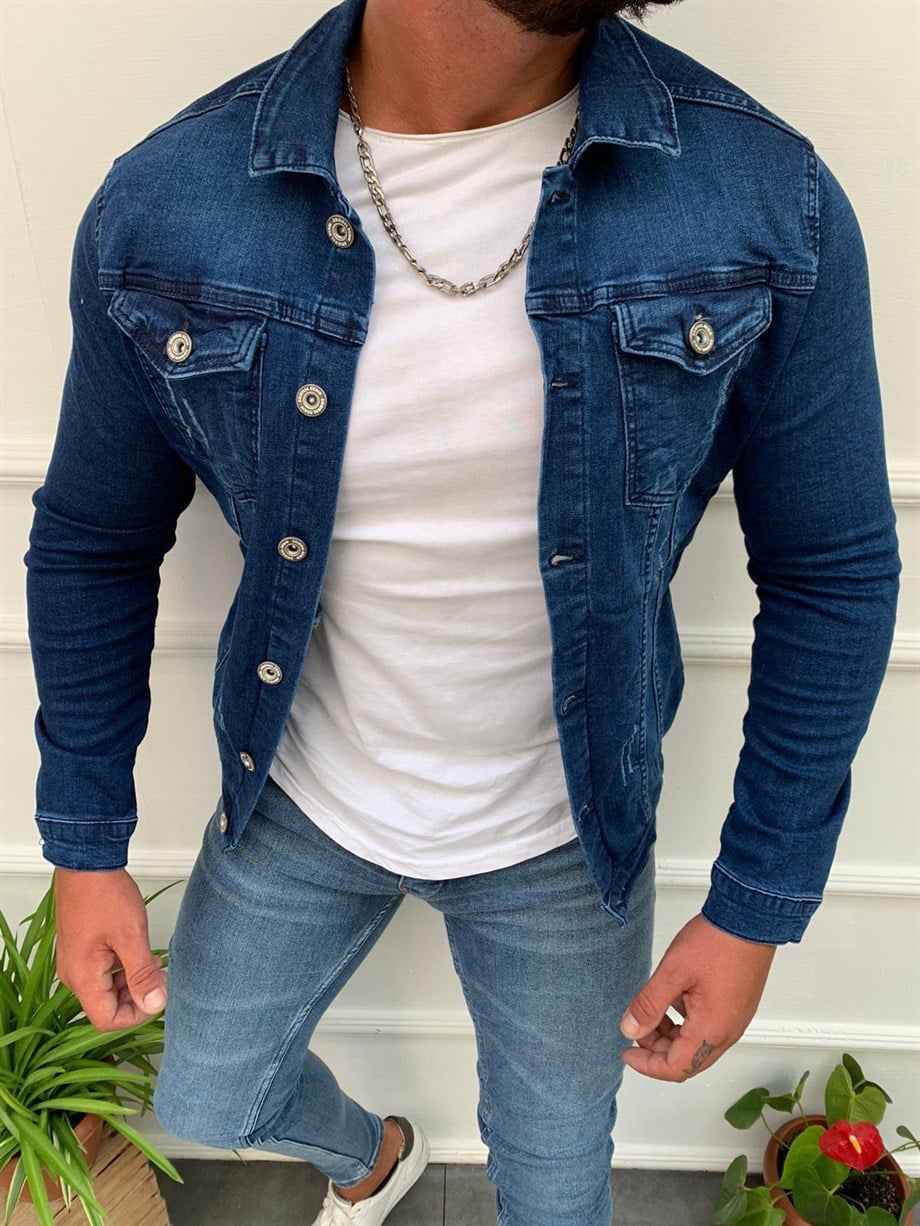 Erkek Mavi Slim Fit Kot Ceket