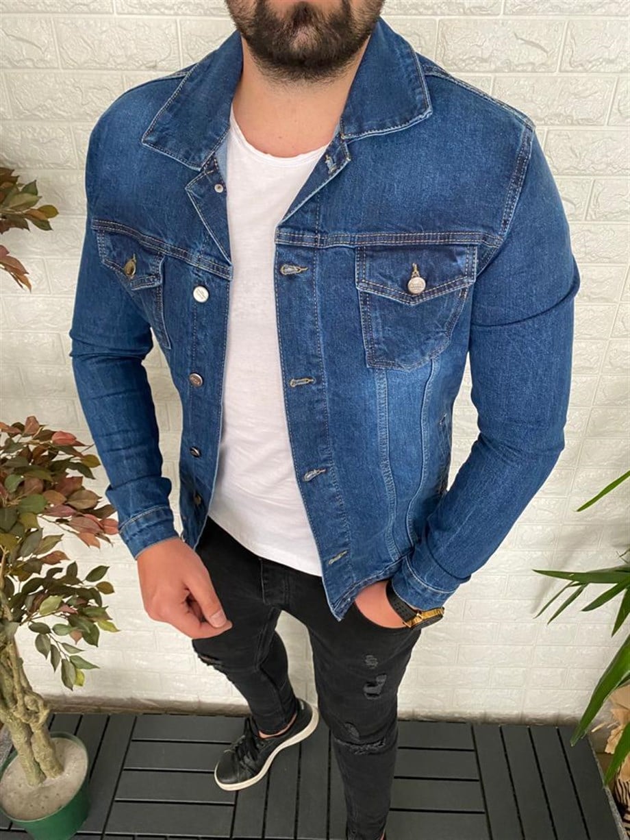Erkek Mavi Slim Fit Kot Ceket