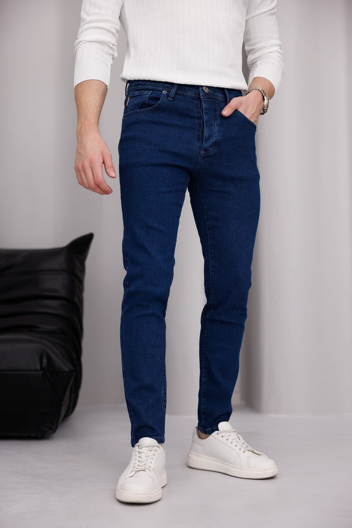 Erkek Mavi Slim Fit Likralı Dar Paça Kot Pantolon