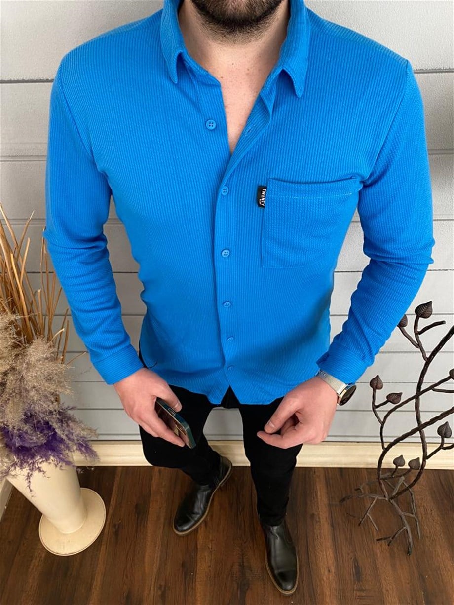 Erkek Mavi Slim Fit Pamuklu Gömlek