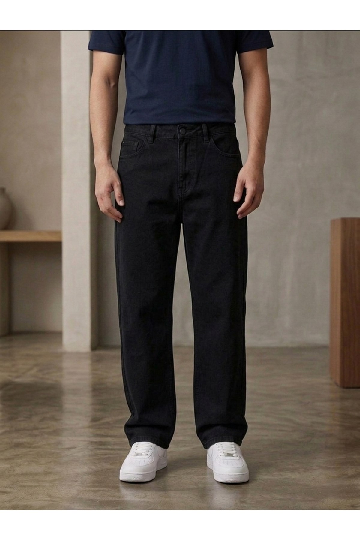 Erkek Siyah Baggy Fit Geniş Kesim Jean Pantolon